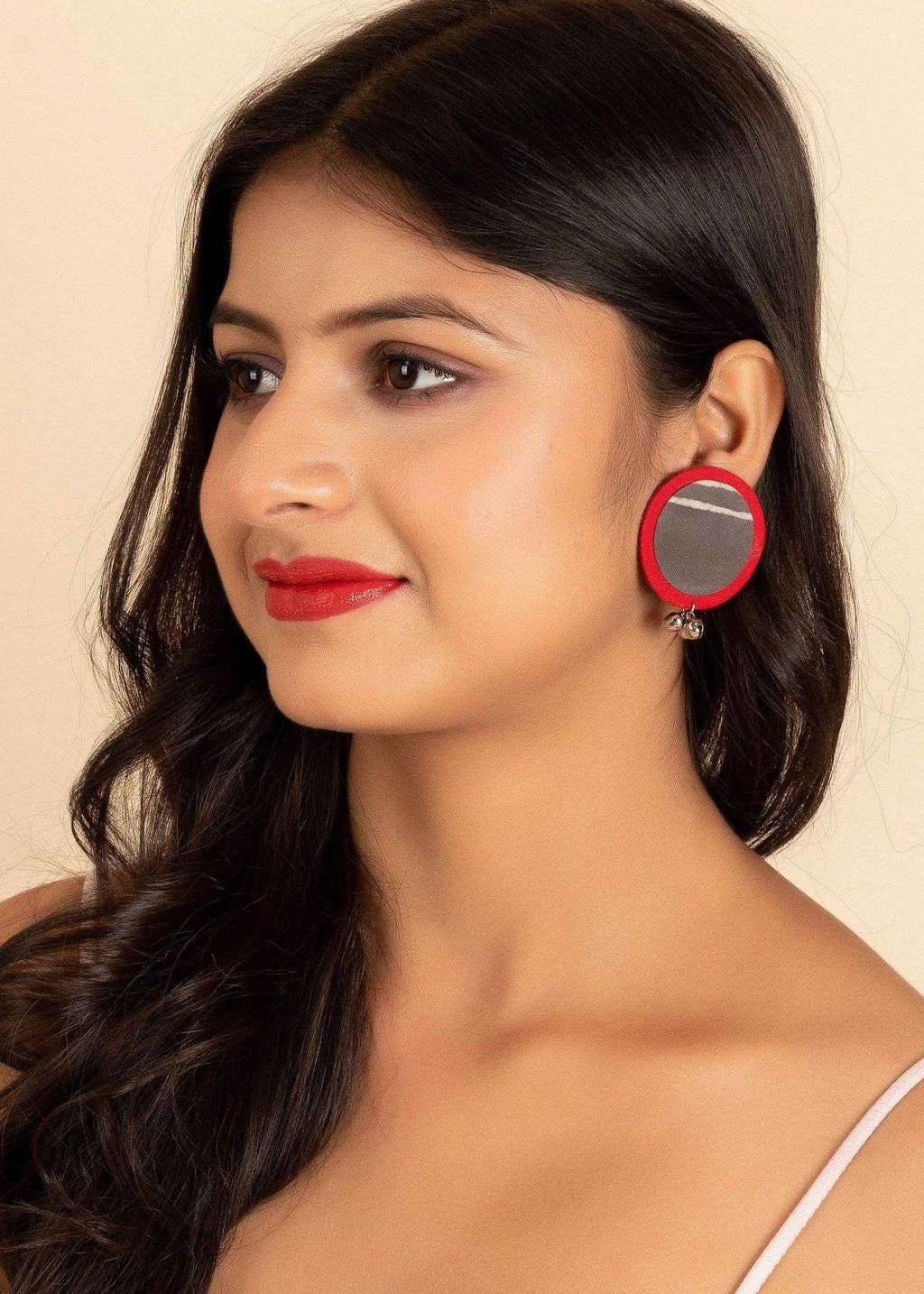 Handmade Red Grey Ajrakh Cotton Fabric Ghungroo Stud Earrings - Perfect for All Occasions - Lookandadorn.com