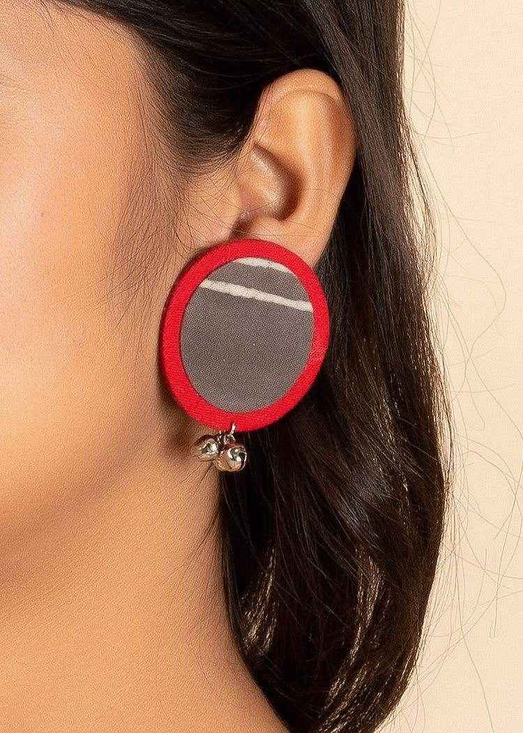 Handmade Red Grey Ajrakh Cotton Fabric Ghungroo Stud Earrings - Perfect for All Occasions - Lookandadorn.com