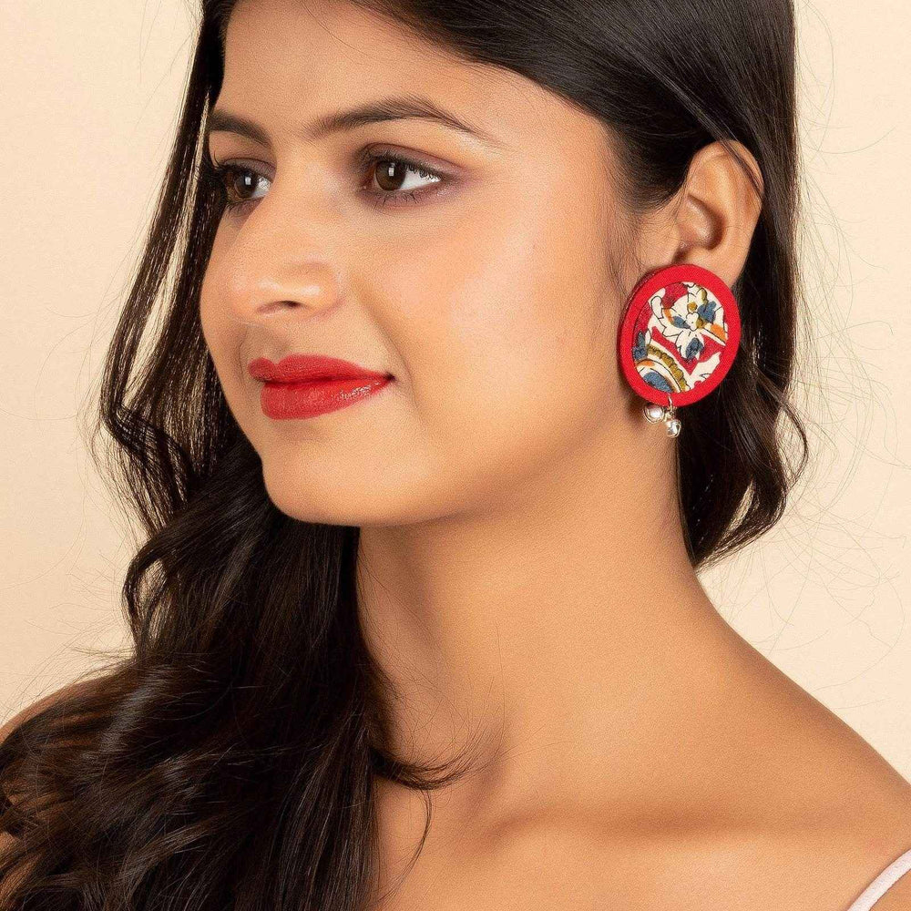 Handmade Red Kalamkari Fabric Stud Earrings, Non-Allergic and Ideal for Gifting - Lookandadorn.com