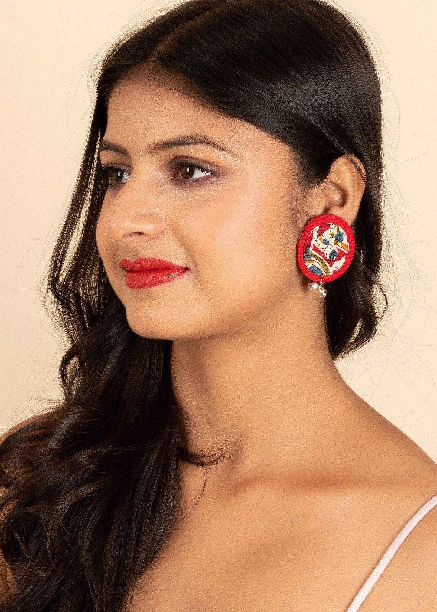 Handmade Red Kalamkari Fabric Stud Earrings, Non-Allergic and Ideal for Gifting - Lookandadorn.com