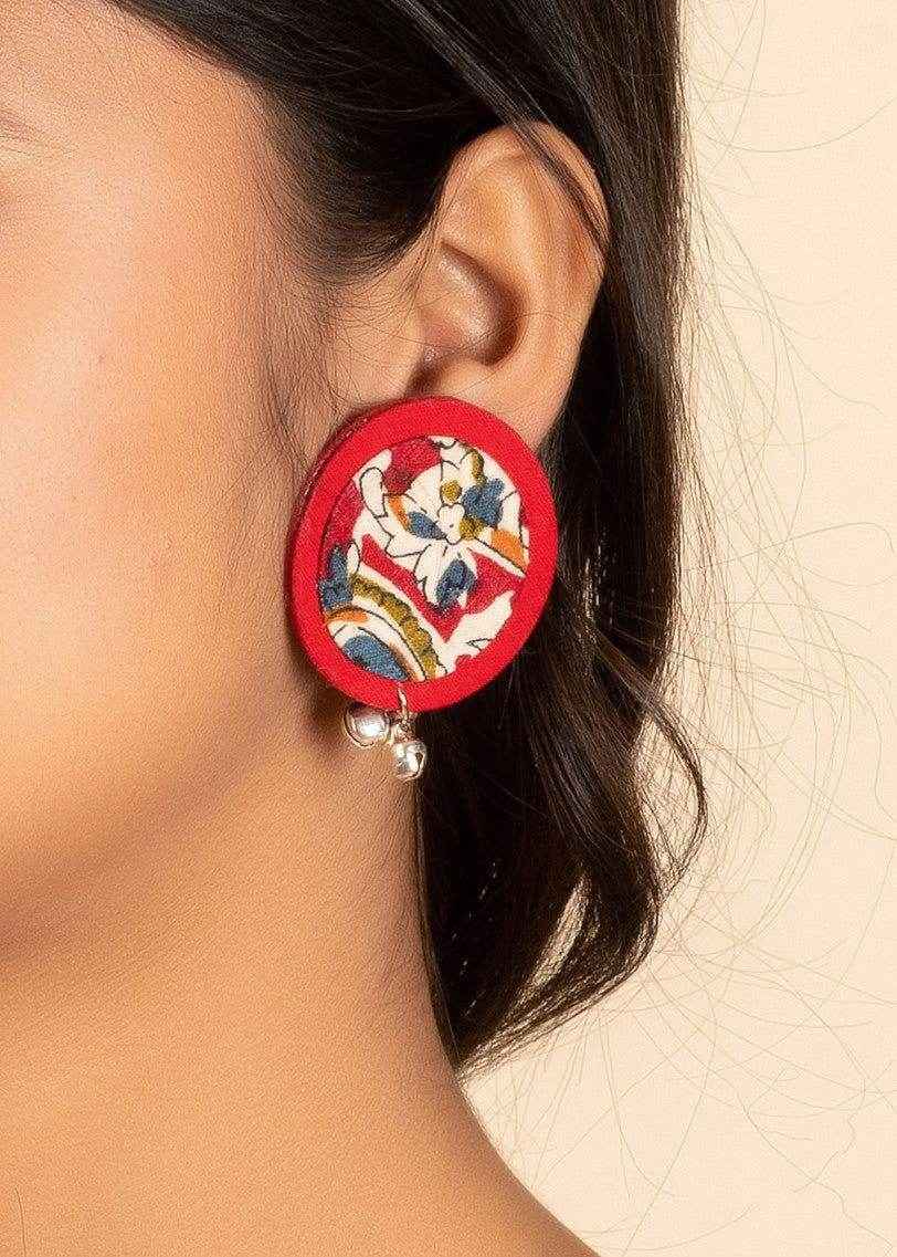 Handmade Red Kalamkari Fabric Stud Earrings, Non-Allergic and Ideal for Gifting - Lookandadorn.com