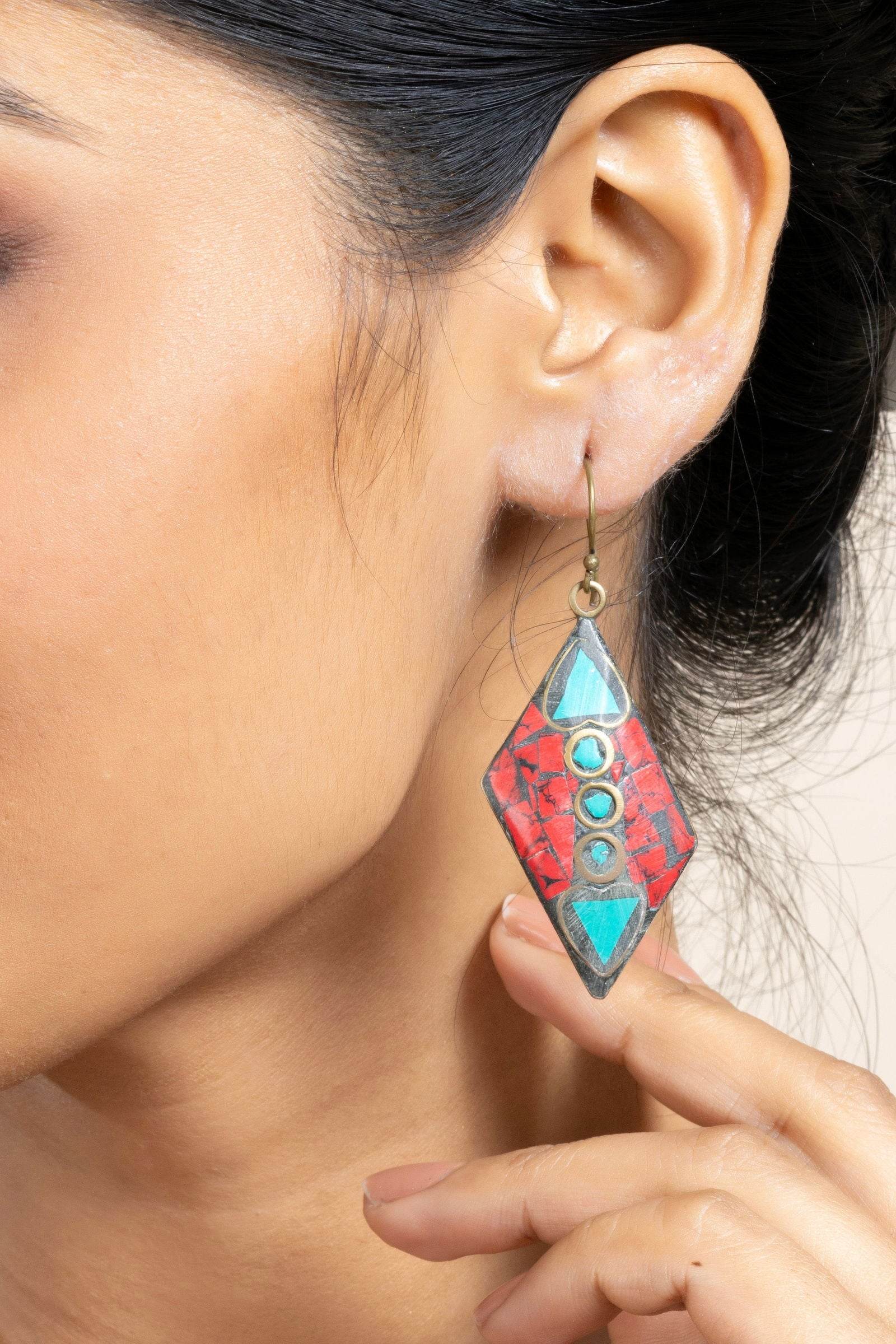 Red Turquoise Blue Tibetan Earrings