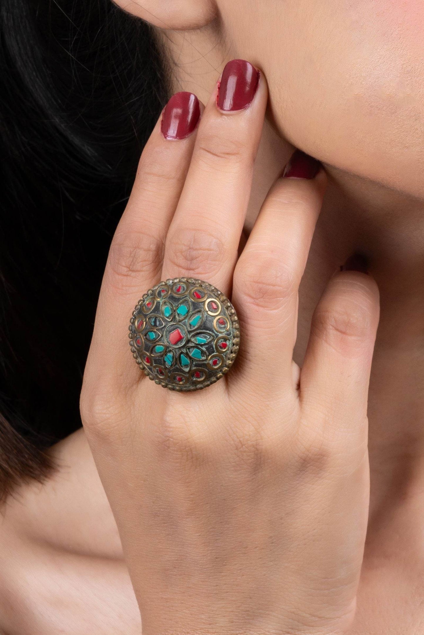Red Turquoise Blue Tibetan Finger Ring – Bold Color Statement Piece for All Occasions - Lookandadorn.com