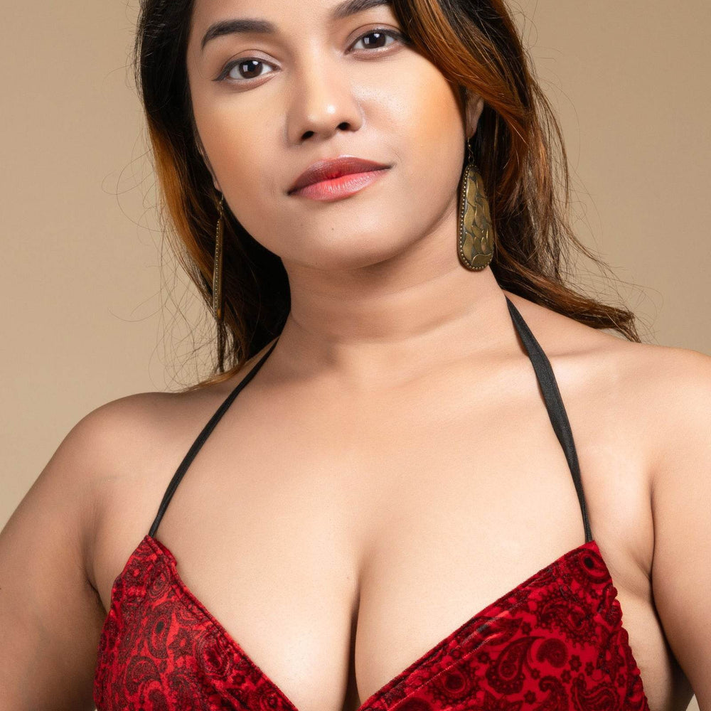 Red Velvet Bikini Top - Designer Backless Halter Neck Women's Blouse, Non-Padded - Lookandadorn.com