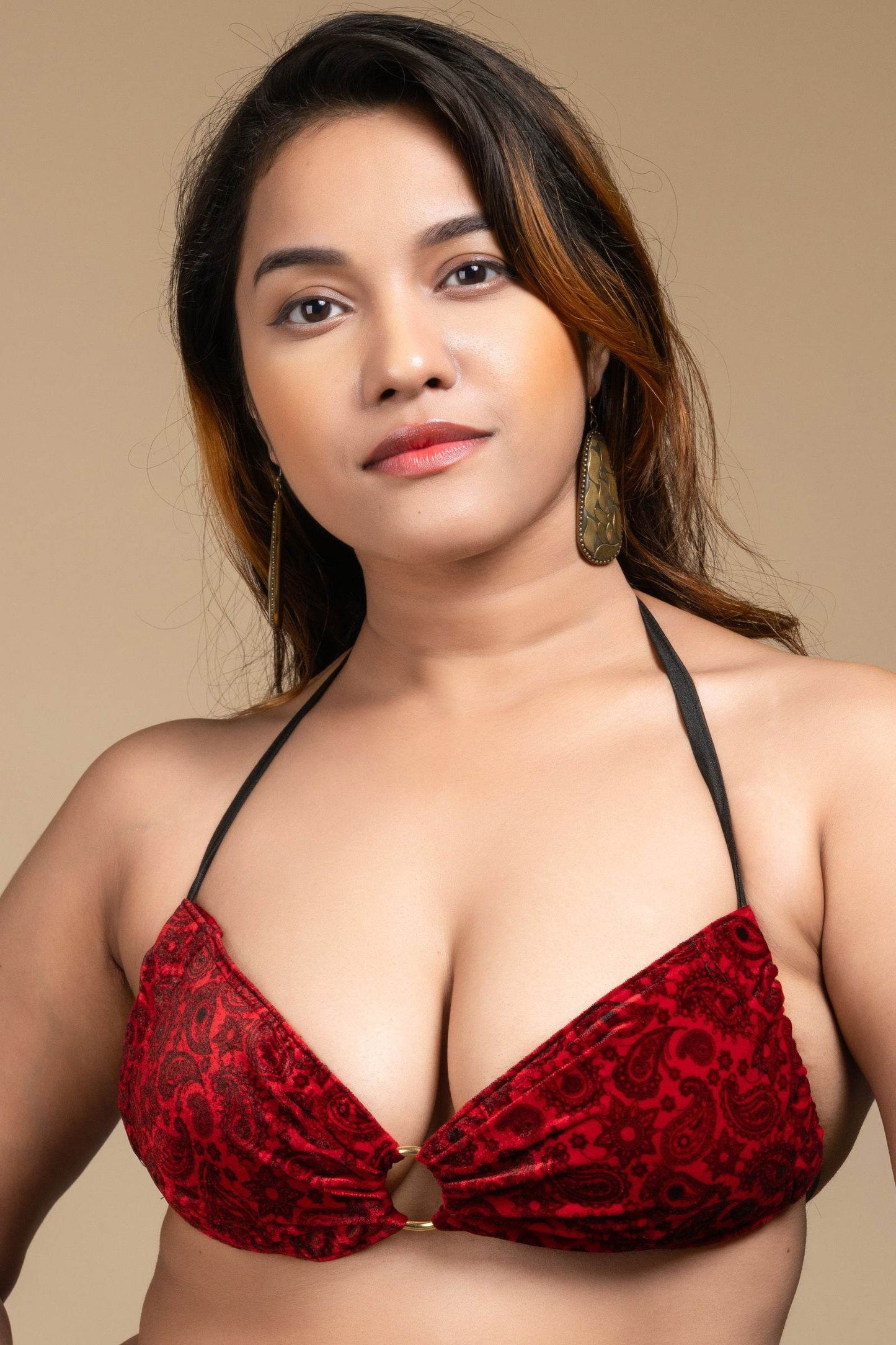 Red Velvet Bikini Top - Designer Backless Halter Neck Women's Blouse, Non-Padded - Lookandadorn.com