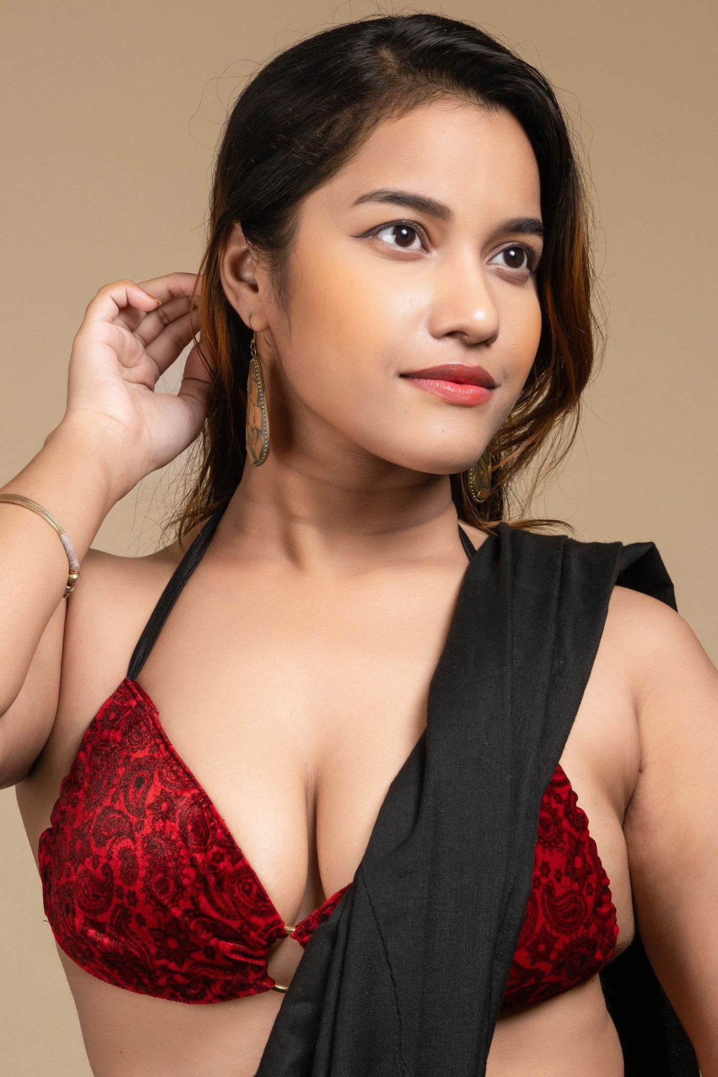 Red Velvet Bikini Top - Designer Backless Halter Neck Women's Blouse, Non-Padded - Lookandadorn.com