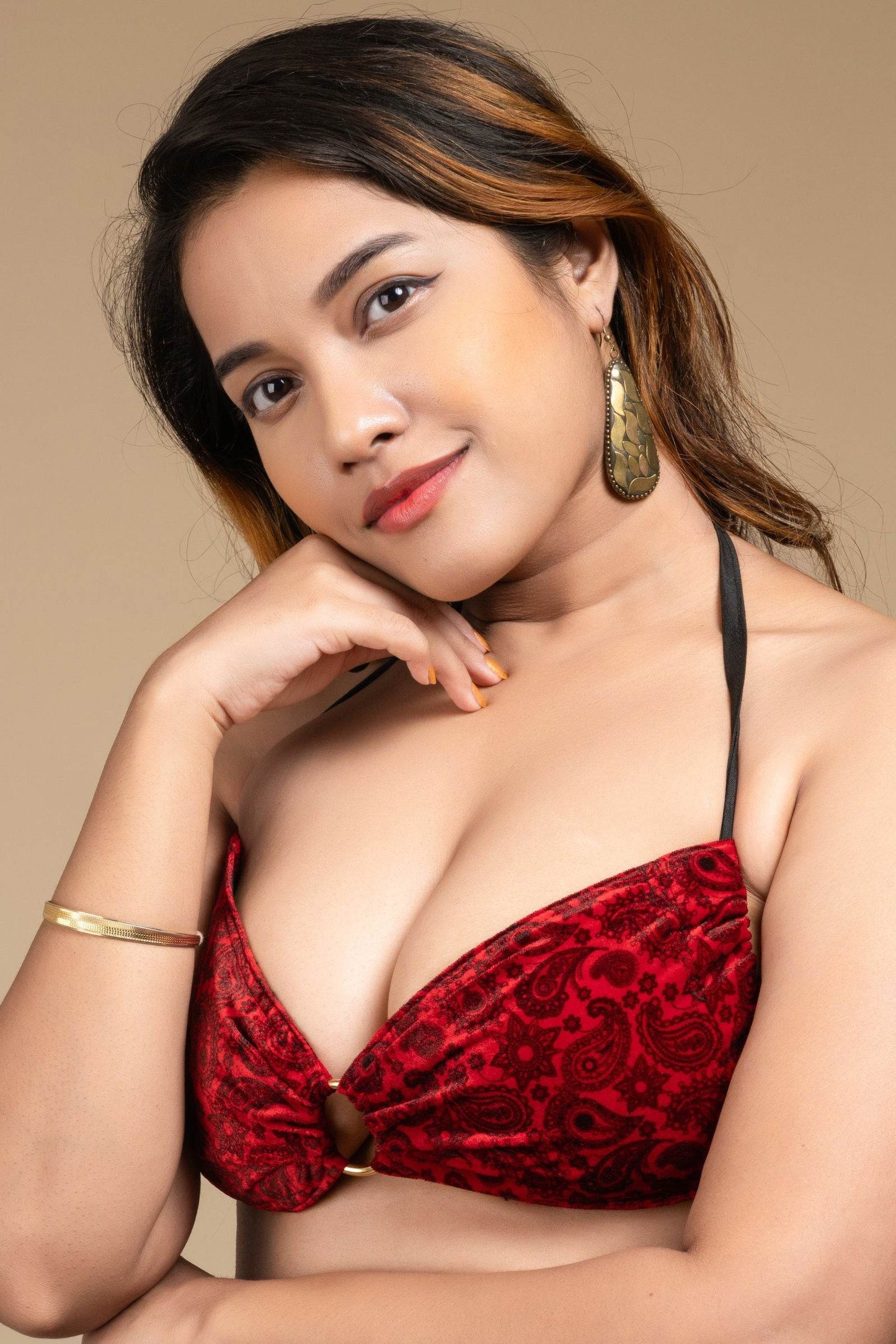 Red Velvet Bikini Top - Designer Backless Halter Neck Women's Blouse, Non-Padded - Lookandadorn.com