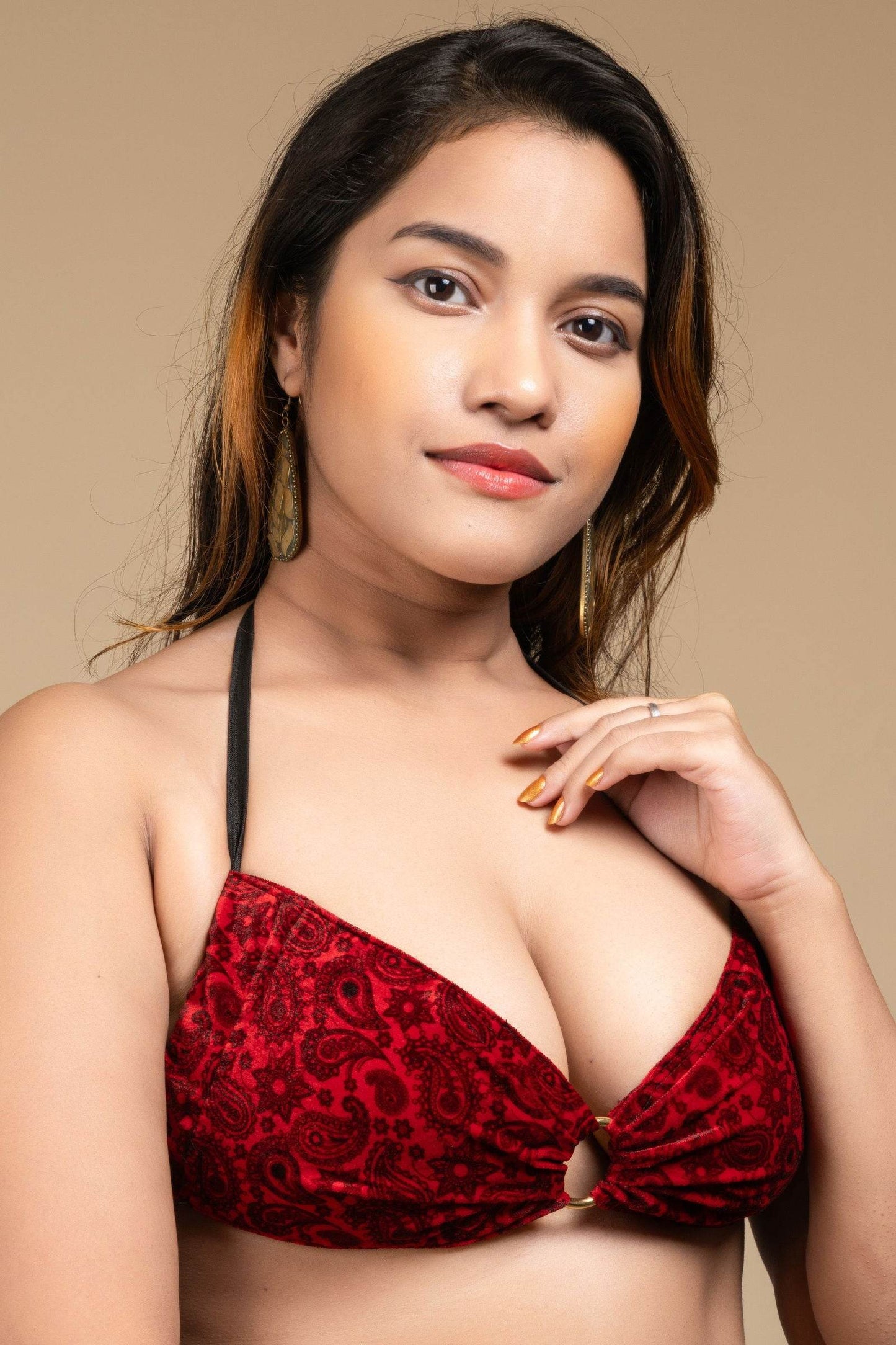 Red Velvet Bikini Top - Designer Backless Halter Neck Women's Blouse, Non-Padded - Lookandadorn.com