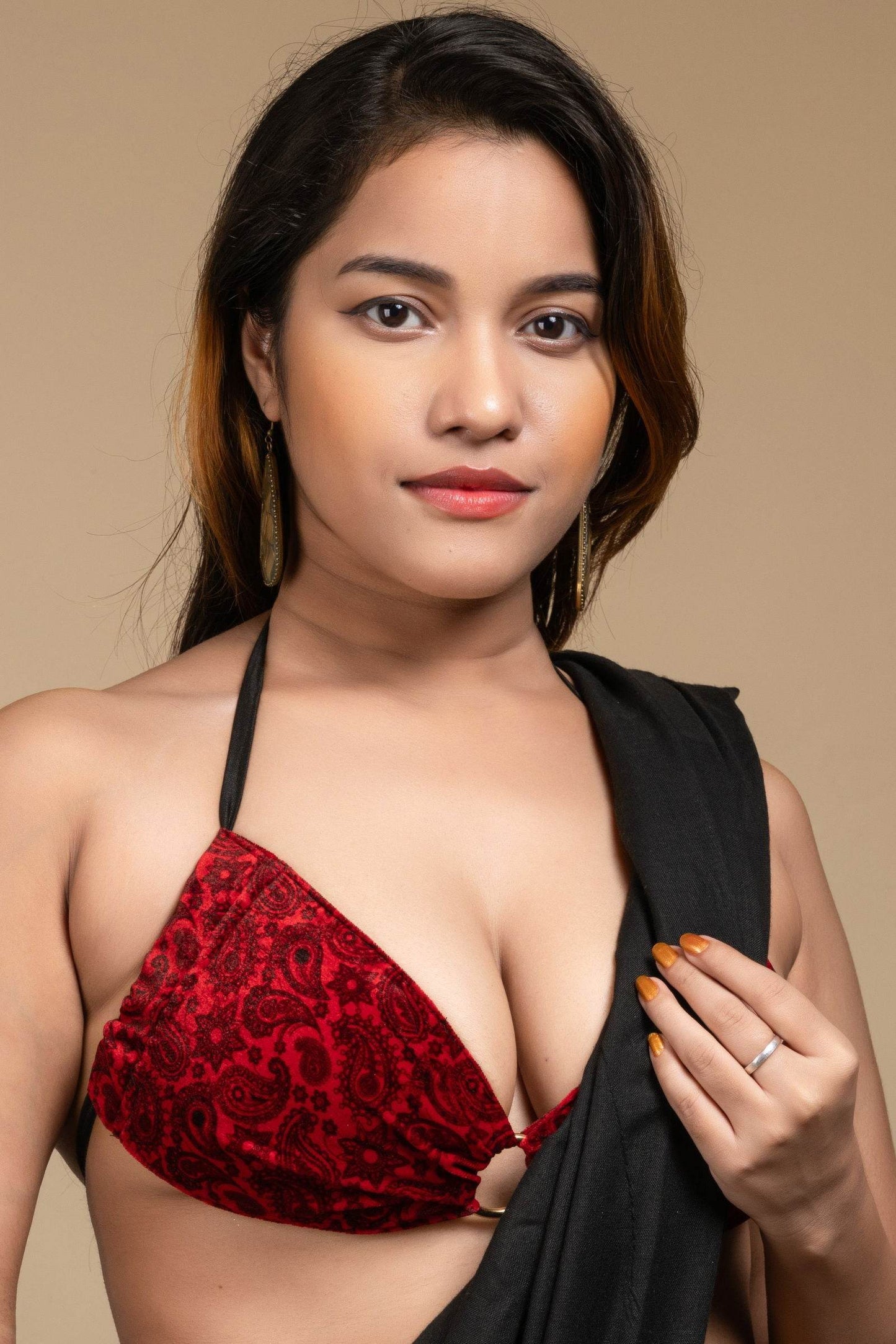 Red Velvet Bikini Top - Designer Backless Halter Neck Women's Blouse, Non-Padded - Lookandadorn.com