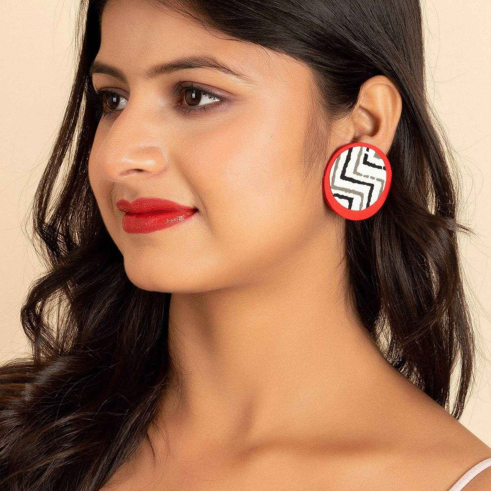 Handcrafted Red, White, Black Ajrakh Cotton Fabric Stud Earrings – Non-Allergic, Perfect for All Occasions and Gifting - Lookandadorn.com