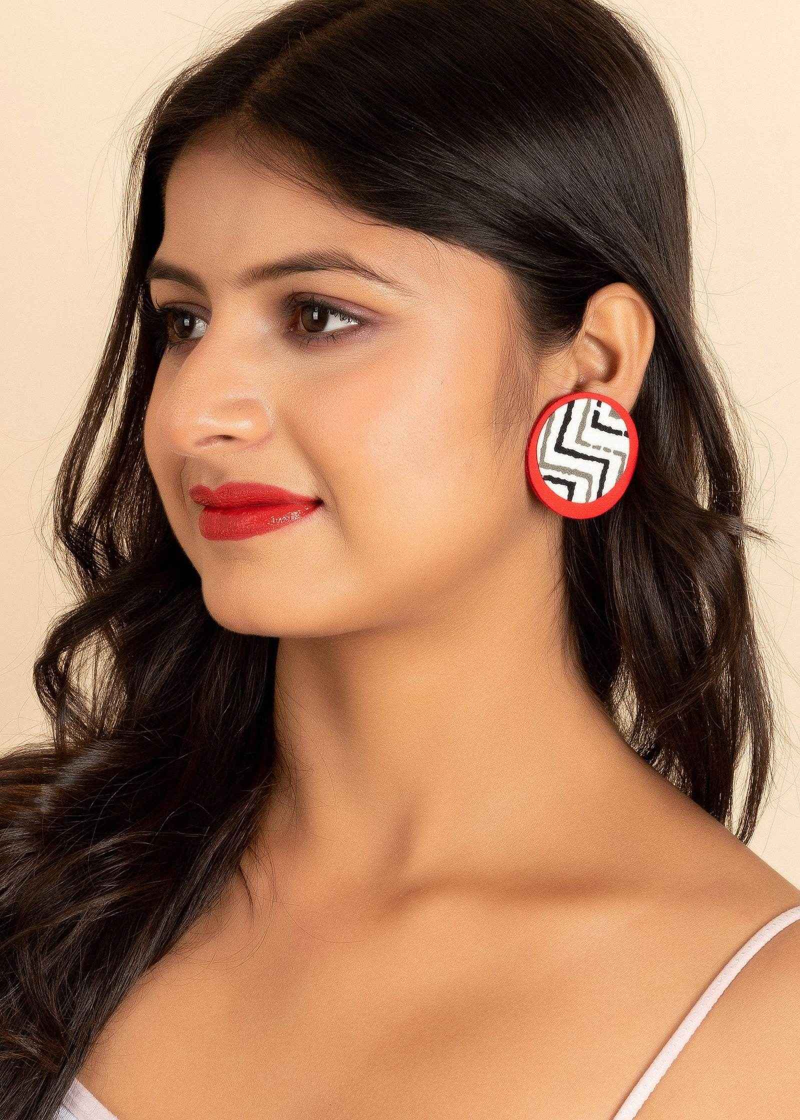 Handcrafted Red, White, Black Ajrakh Cotton Fabric Stud Earrings – Non-Allergic, Perfect for All Occasions and Gifting - Lookandadorn.com