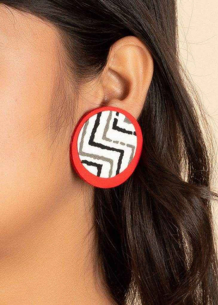 Handcrafted Red, White, Black Ajrakh Cotton Fabric Stud Earrings – Non-Allergic, Perfect for All Occasions and Gifting - Lookandadorn.com