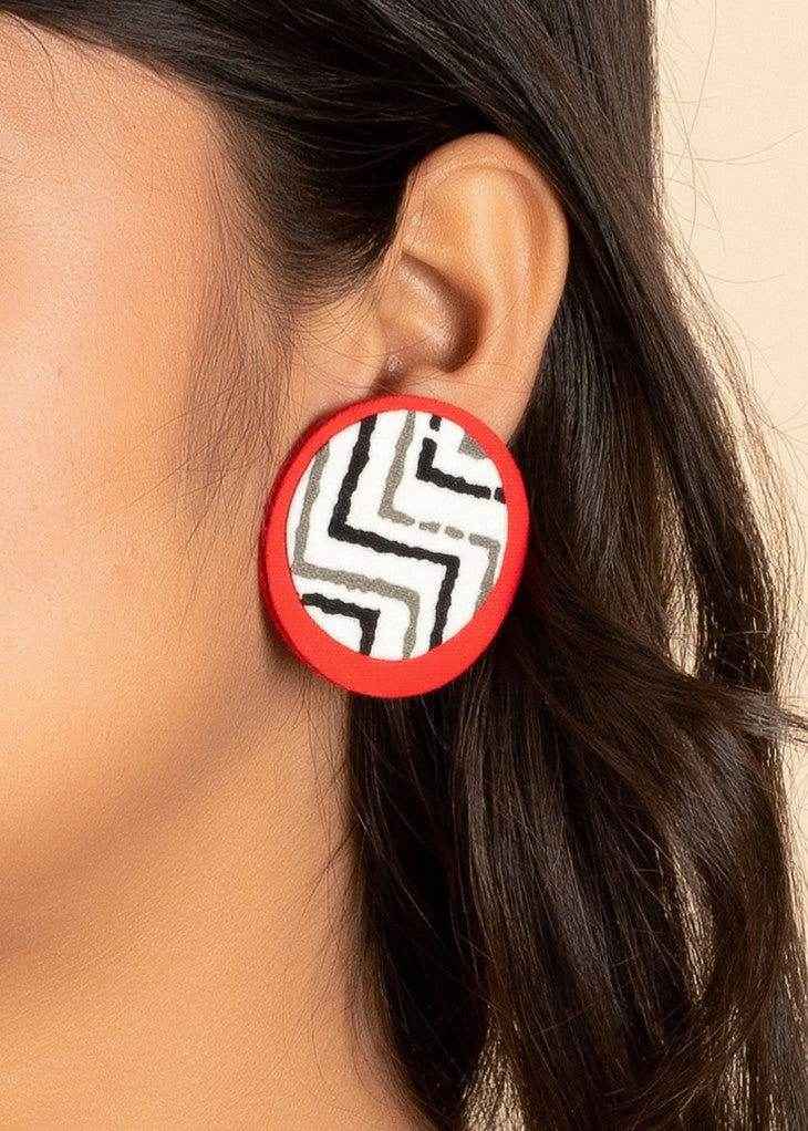 Handcrafted Red, White, Black Ajrakh Cotton Fabric Stud Earrings – Non-Allergic, Perfect for All Occasions and Gifting - Lookandadorn.com