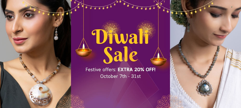 Promotional banner for Diwali Sale with two women wearing necklaces and a purple background with Diwali decorations.