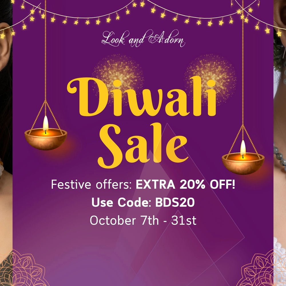Diwali sale advertisement with a woman wearing jewelry and festive decorations.