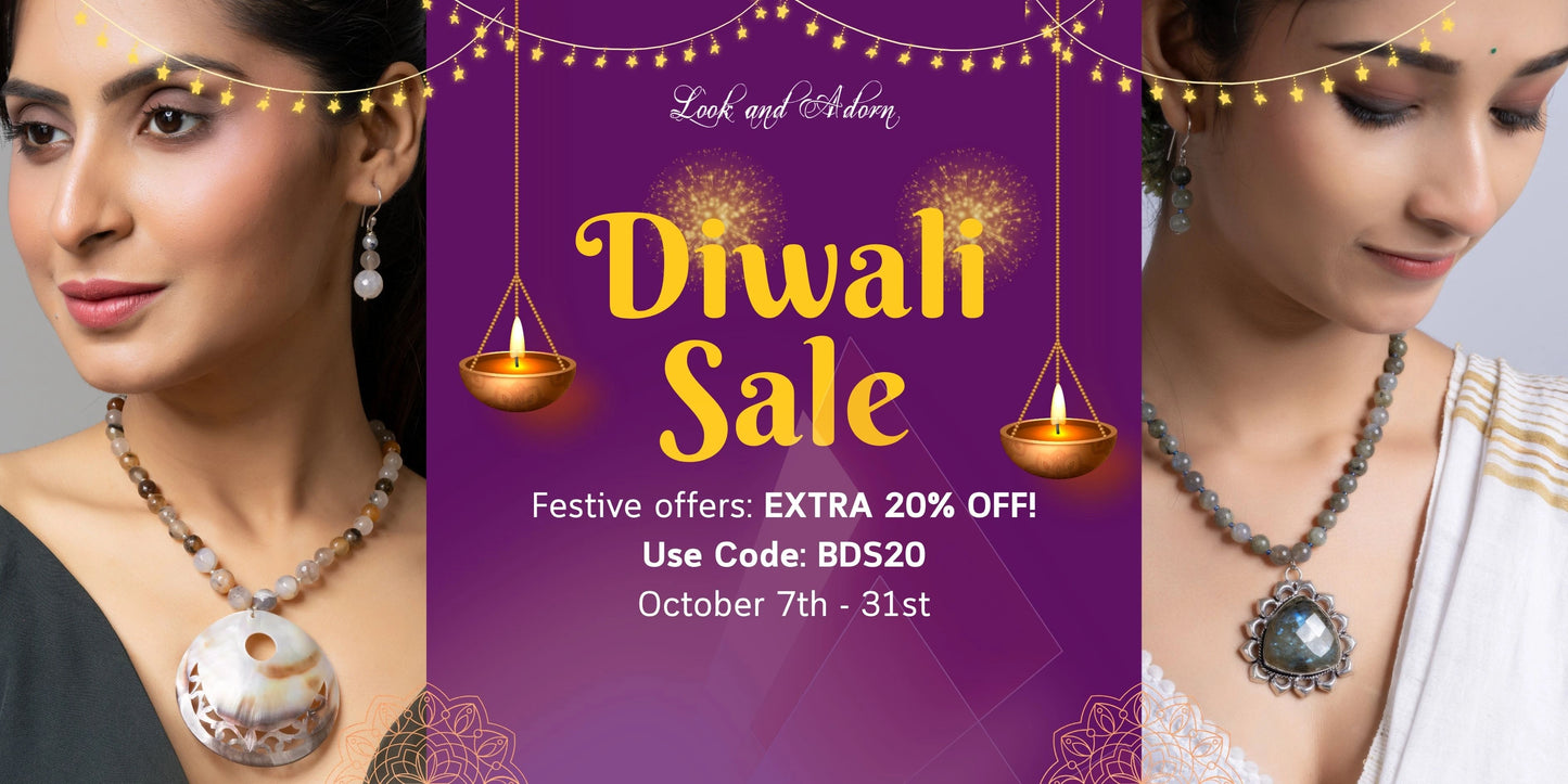 Diwali sale advertisement with a woman wearing jewelry and festive decorations.