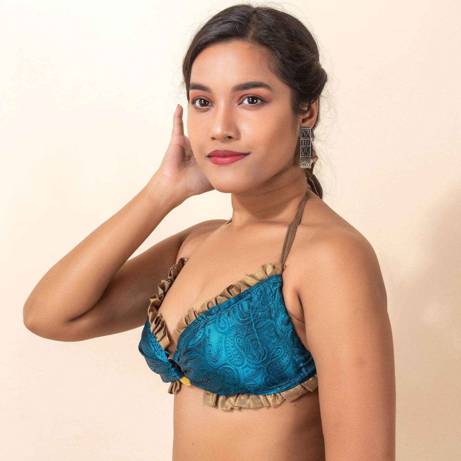 Designer Satin Backless Halter Neck Bikini Blouse - Non-Padded - Lookandadorn.com