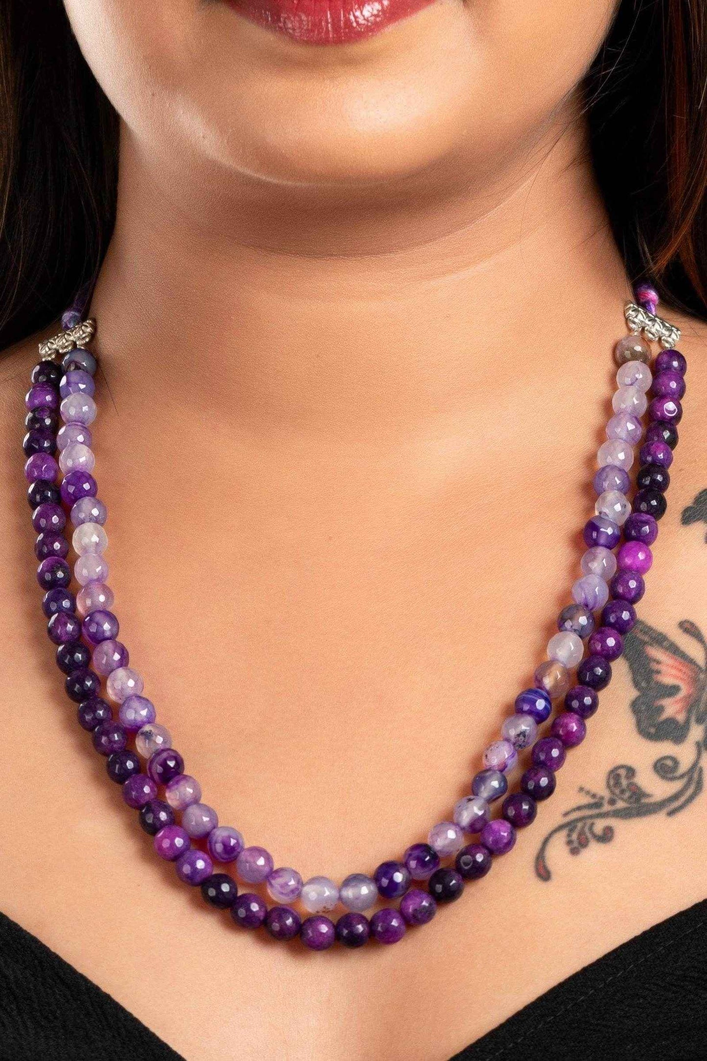 Handcrafted Double Line Purple Onyx Necklace With Adjustable Dori - Lightweight And Unique Jewelry For Women - Lookandadorn.com