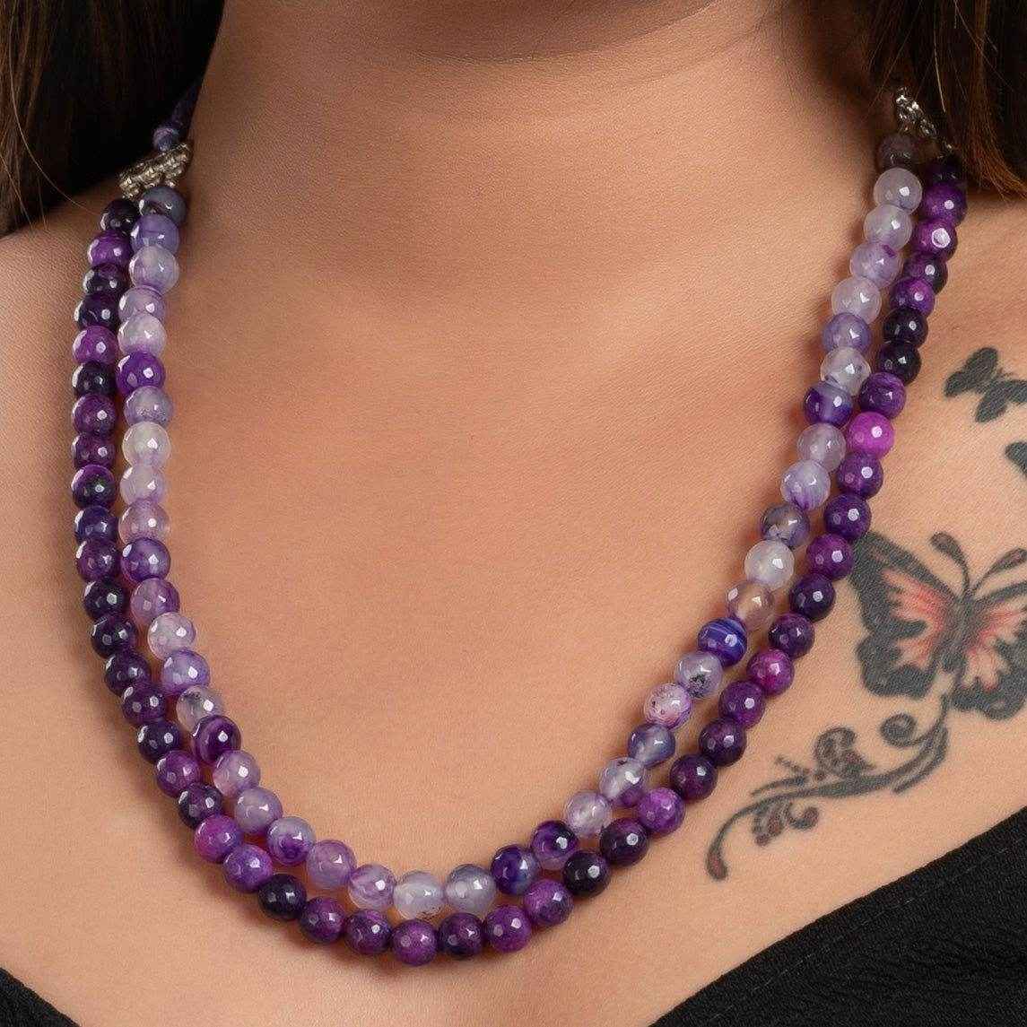 Handcrafted Double Line Purple Onyx Necklace With Adjustable Dori - Lightweight And Unique Jewelry For Women - Lookandadorn.com