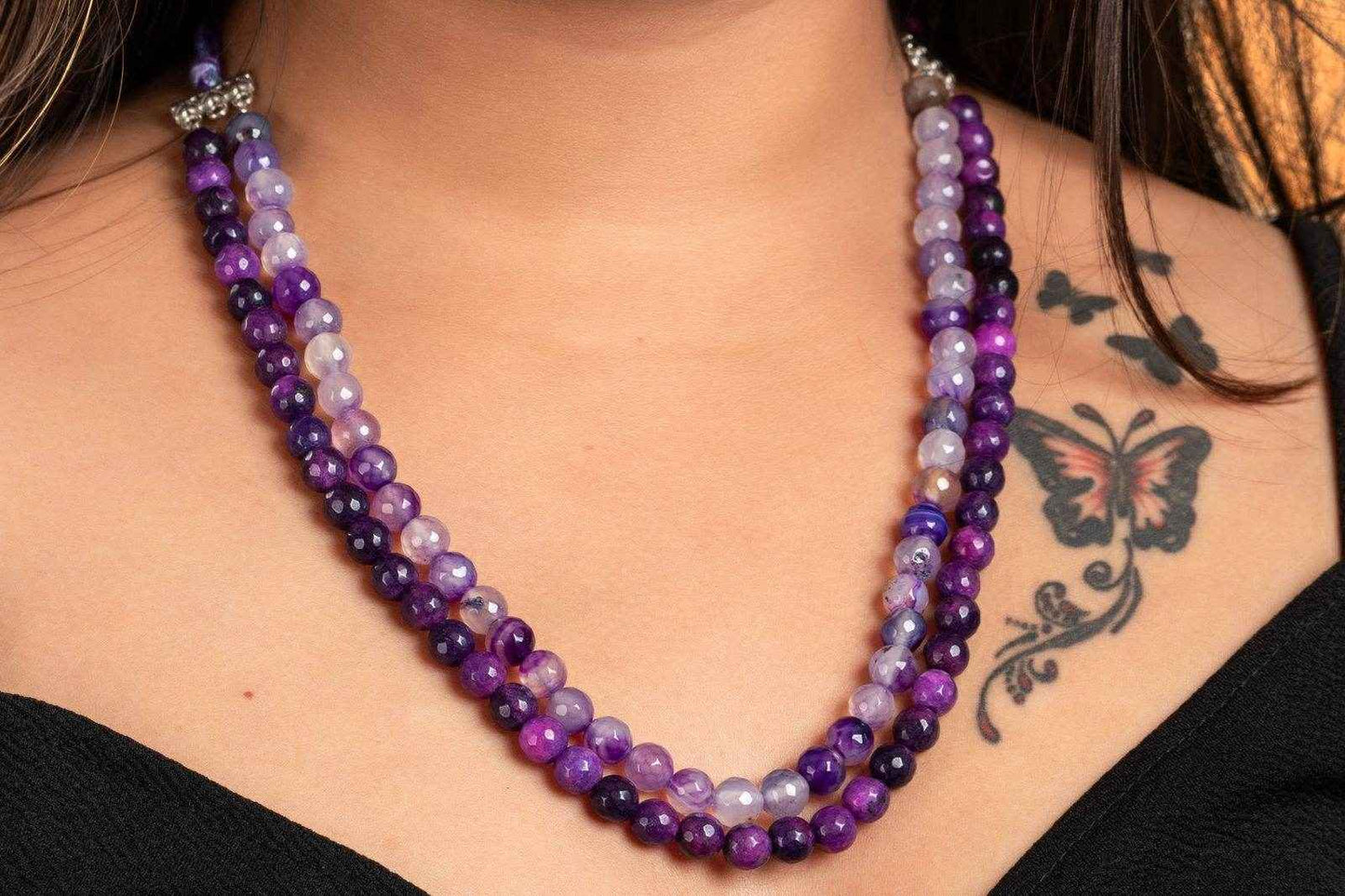 Handcrafted Double Line Purple Onyx Necklace With Adjustable Dori - Lightweight And Unique Jewelry For Women - Lookandadorn.com