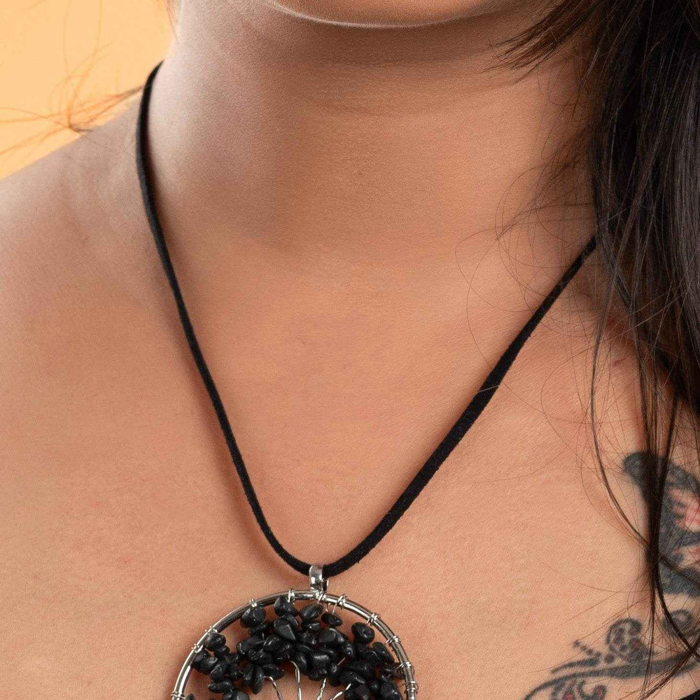 Semi Precious Black Onyx Tree Of Life Pendant Necklace with Adjustable Suede Cord for Women - Lookandadorn.com