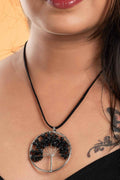 Semi Precious Black Onyx Tree Of Life Pendant Necklace with Adjustable Suede Cord for Women - Lookandadorn.com