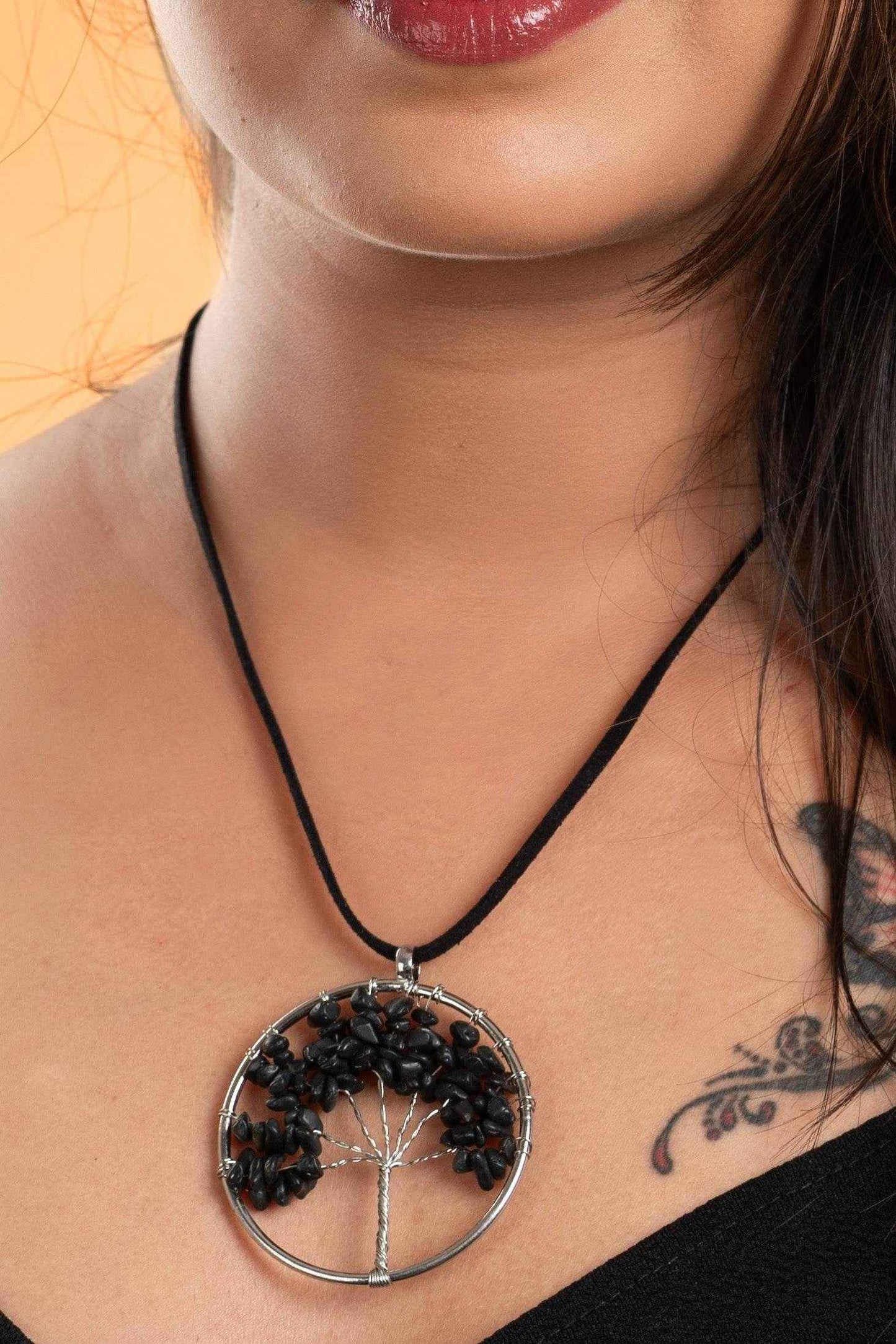Semi Precious Black Onyx Tree Of Life Pendant Necklace with Adjustable Suede Cord for Women - Lookandadorn.com