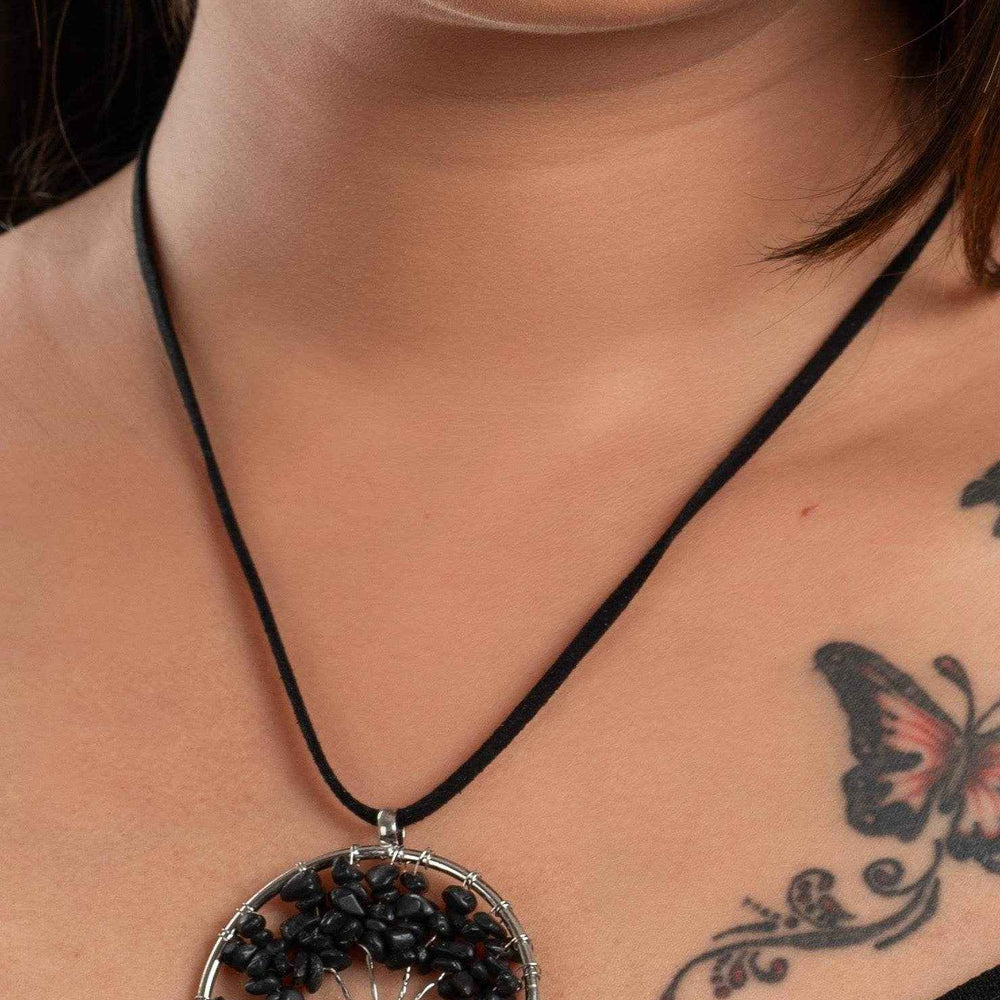Semi Precious Black Onyx Tree Of Life Pendant Necklace with Adjustable Suede Cord for Women - Lookandadorn.com