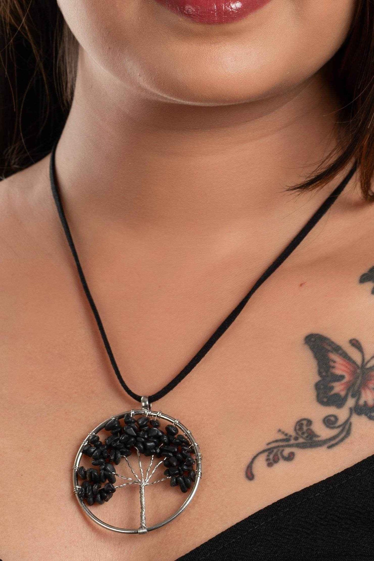 Semi Precious Black Onyx Tree Of Life Pendant Necklace with Adjustable Suede Cord for Women - Lookandadorn.com