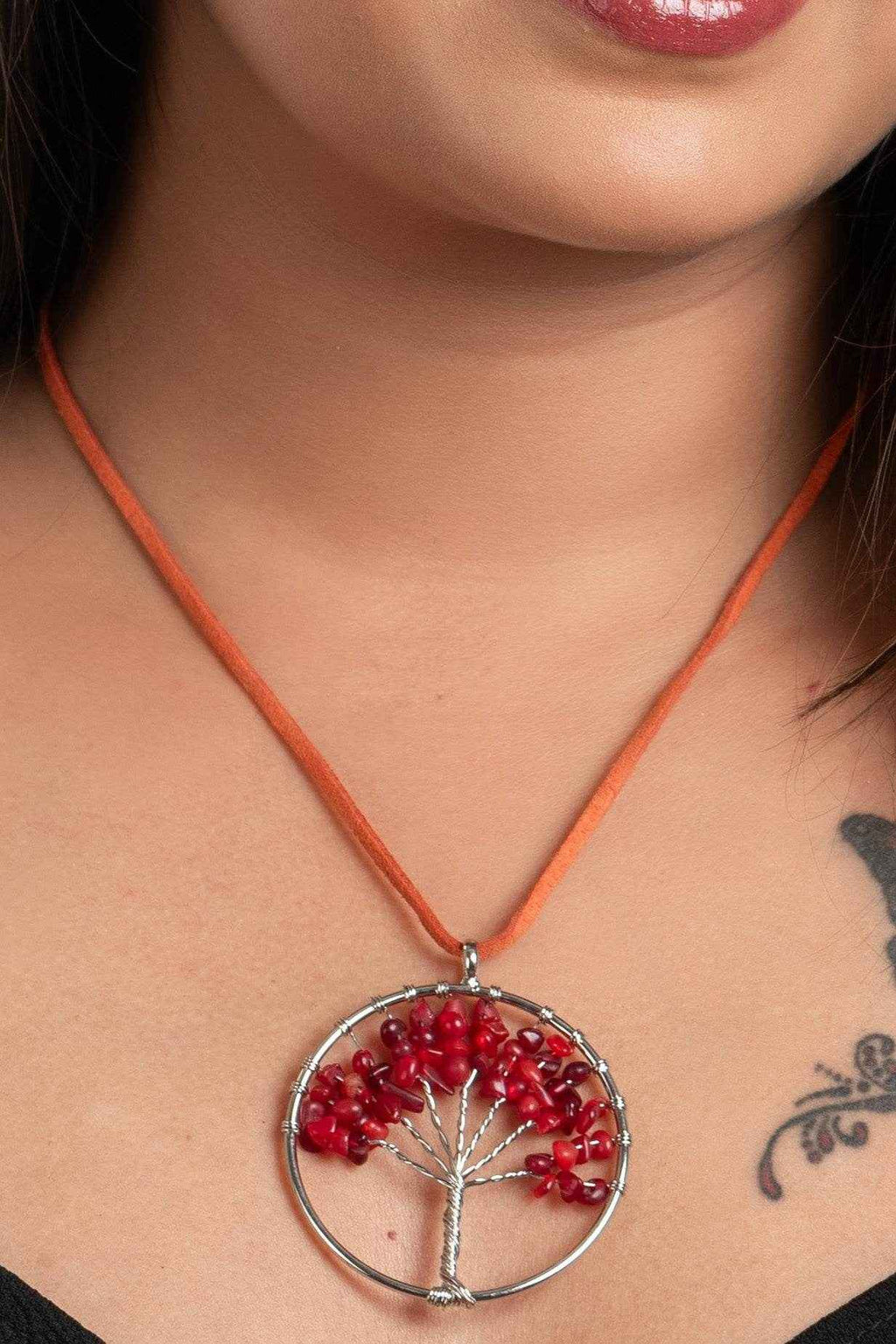 Semi Precious Carnelian Stone Tree of Life Pendant Necklace with Adjustable Suede Cord - Lookandadorn.com