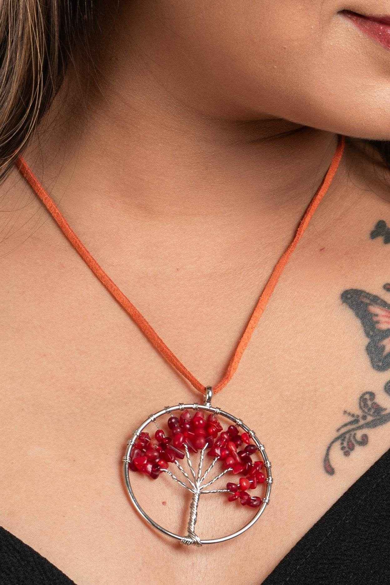 Semi Precious Carnelian Stone Tree of Life Pendant Necklace with Adjustable Suede Cord - Lookandadorn.com