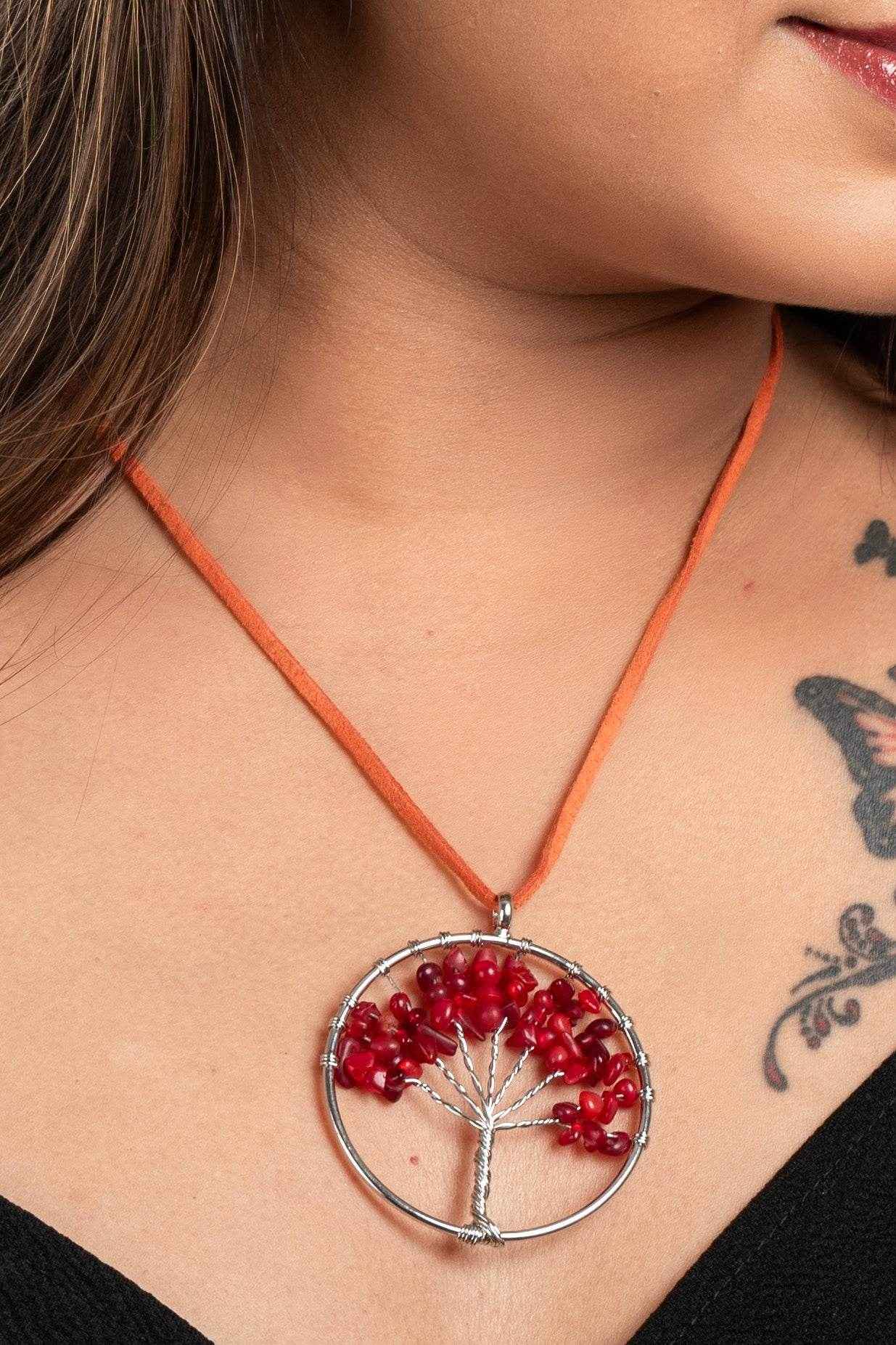 Semi Precious Carnelian Stone Tree of Life Pendant Necklace with Adjustable Suede Cord - Lookandadorn.com
