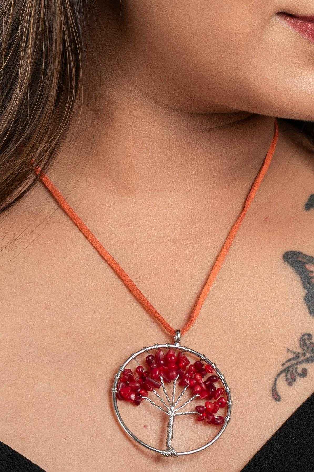 Semi Precious Carnelian Stone Tree of Life Pendant Necklace with Adjustable Suede Cord - Lookandadorn.com