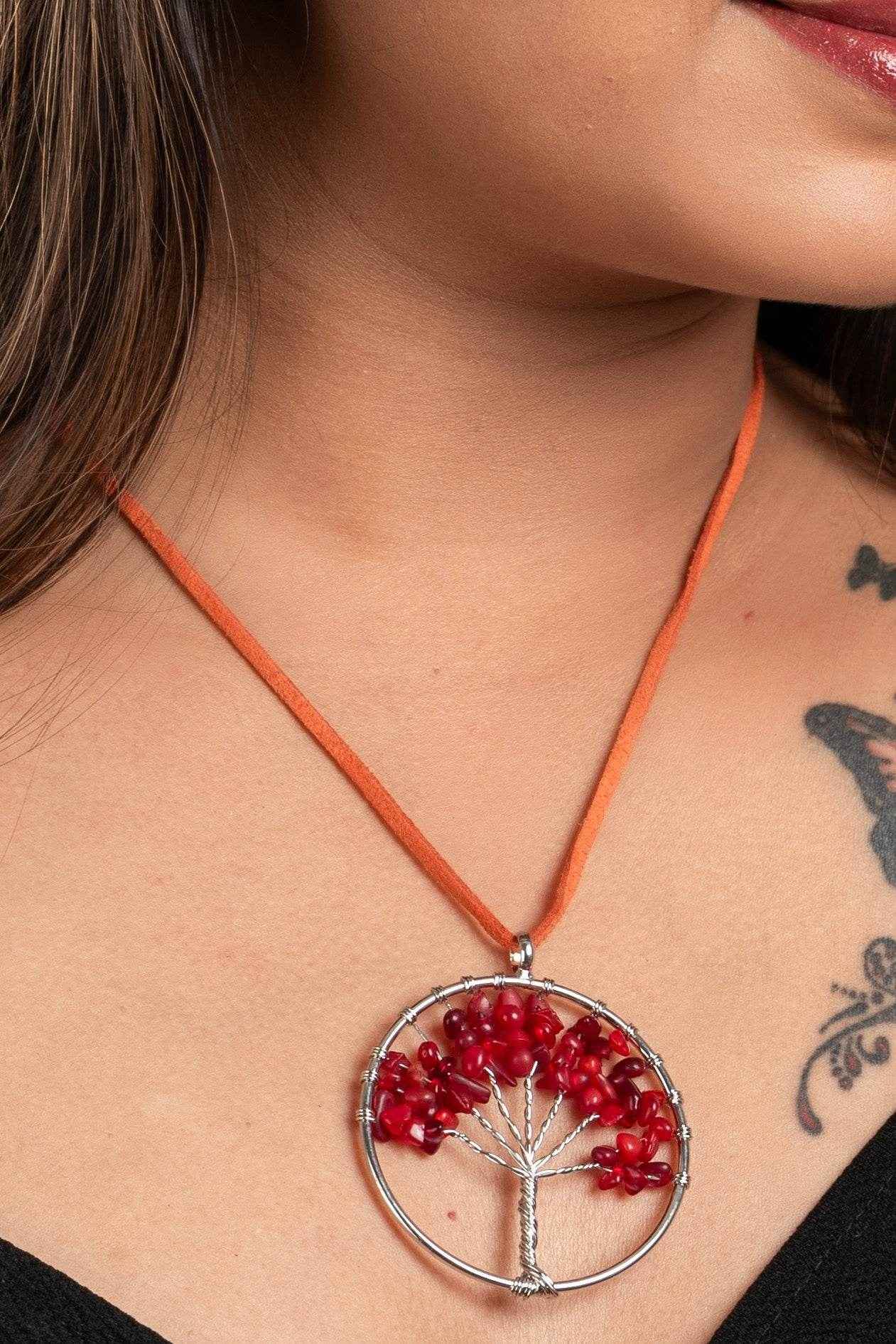 Semi Precious Carnelian Stone Tree of Life Pendant Necklace with Adjustable Suede Cord - Lookandadorn.com