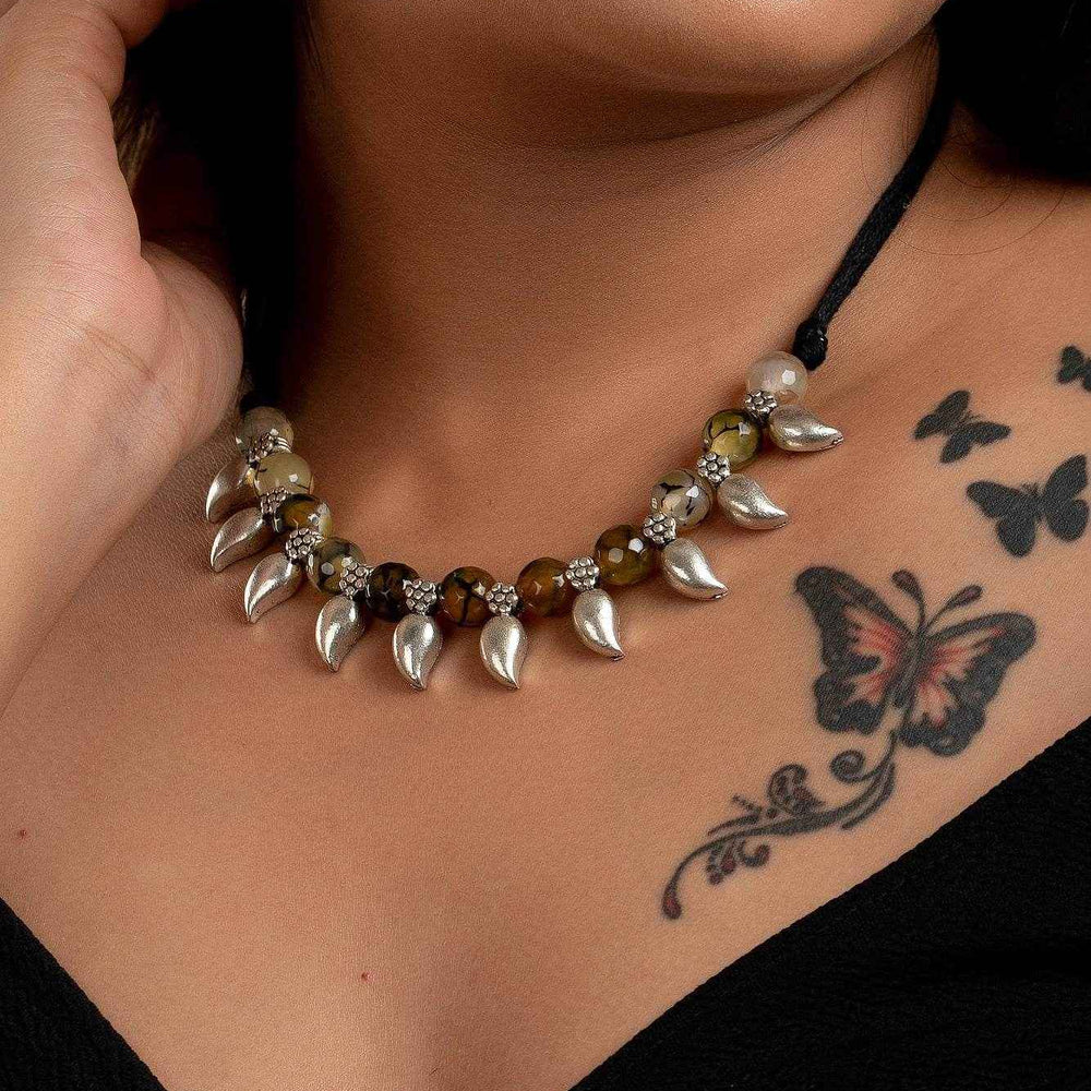 Handmade Dragon Veined Moss Agate Necklace With German Silver Mango Charms & Adjustable Dori - Lookandadorn.com