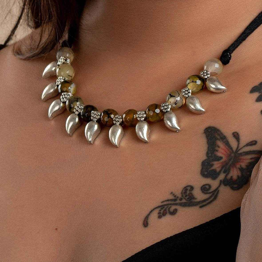 Handmade Dragon Veined Moss Agate Necklace With German Silver Mango Charms & Adjustable Dori - Lookandadorn.com