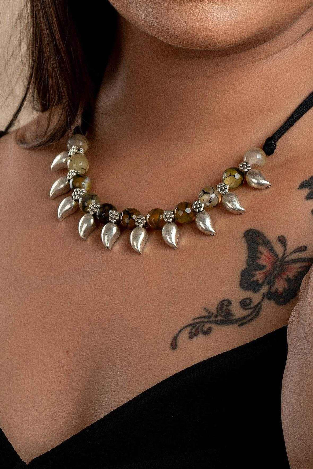 Handmade Dragon Veined Moss Agate Necklace With German Silver Mango Charms & Adjustable Dori - Lookandadorn.com