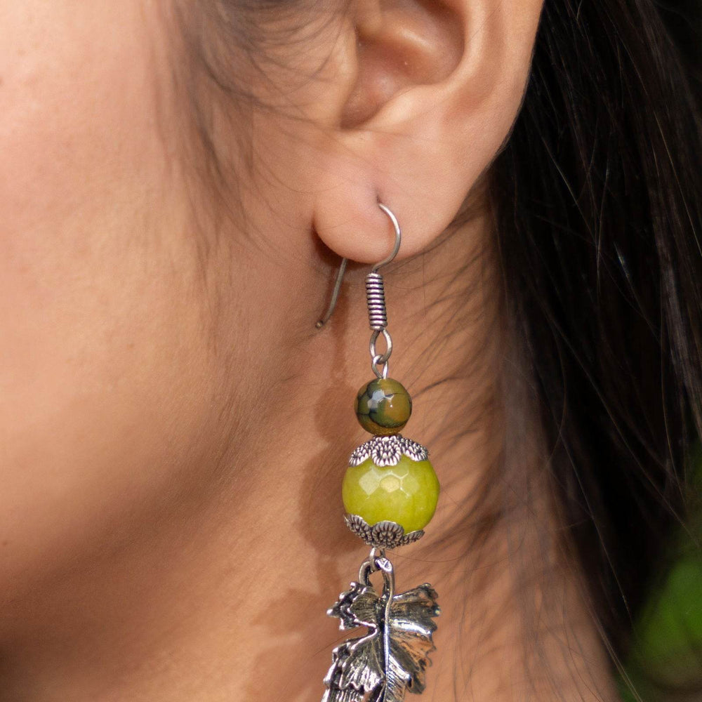 Handmade Semi Precious Green Dragon Vein Agate German Silver Leaf Design Earrings - Lookandadorn.com