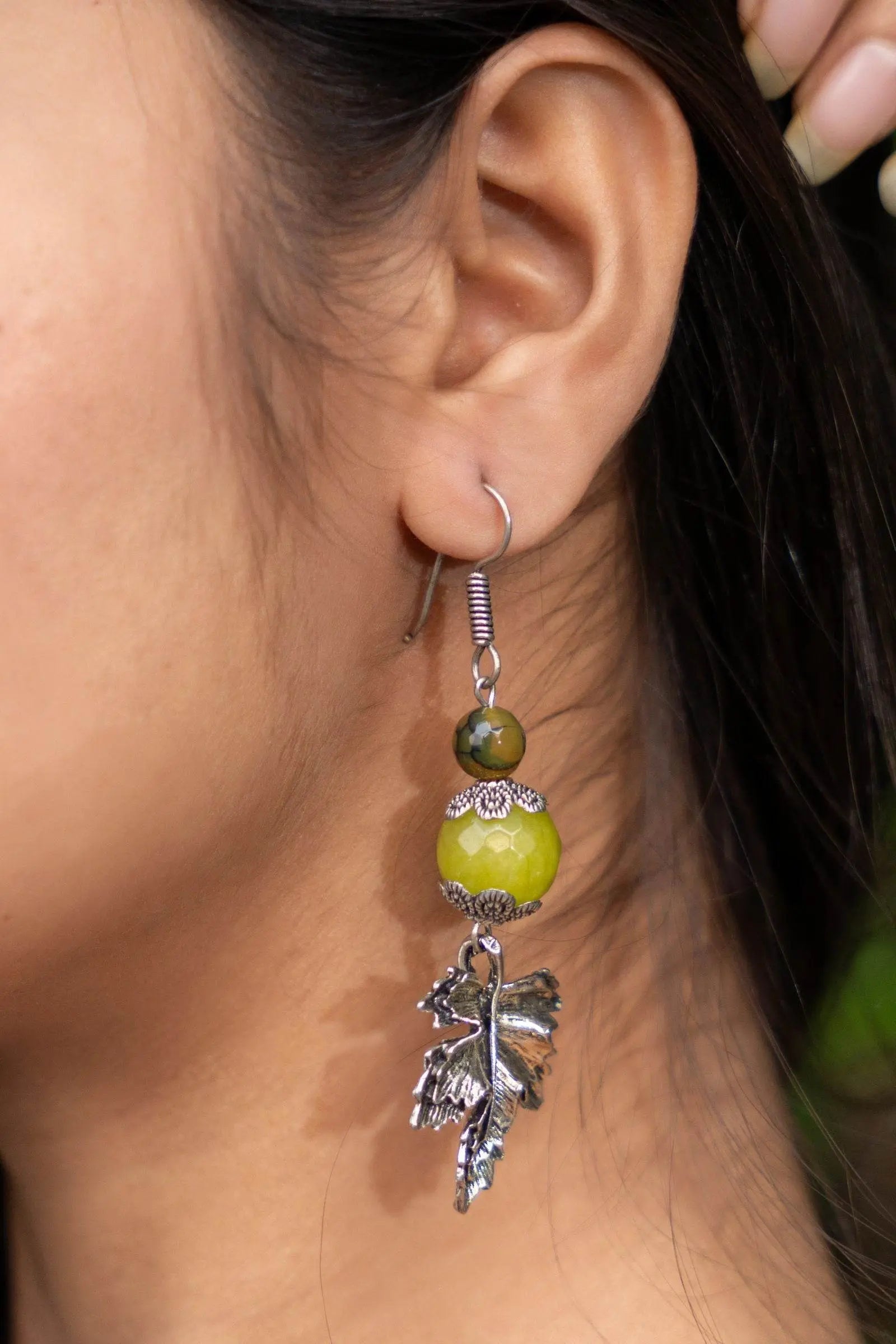 Handmade Semi Precious Green Dragon Vein Agate German Silver Leaf Design Earrings - Lookandadorn.com