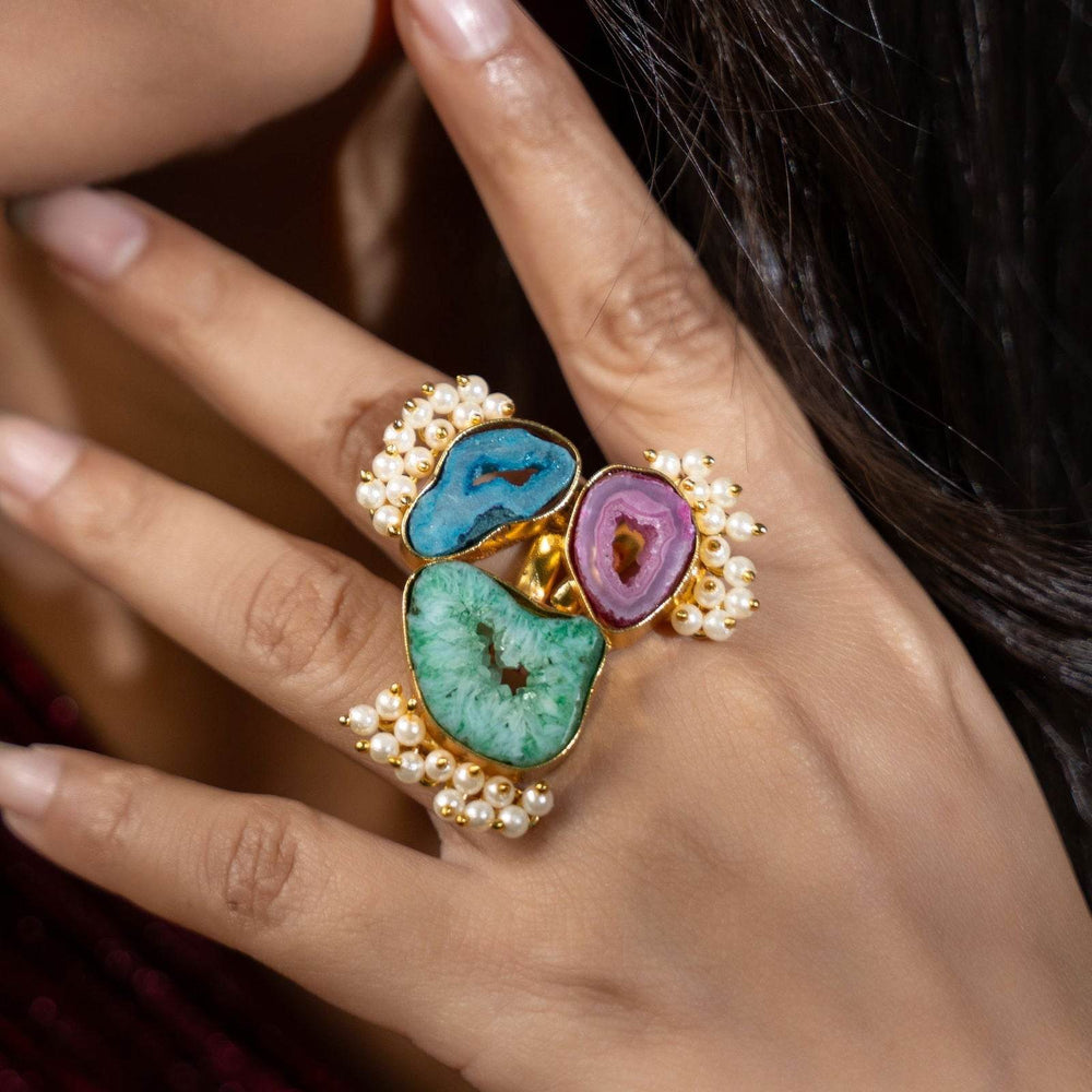 Semi Precious Green Teal Pink Geode Agate Brass Finger Ring - Unique Natural Stone Jewelry - Lookandadorn.com
