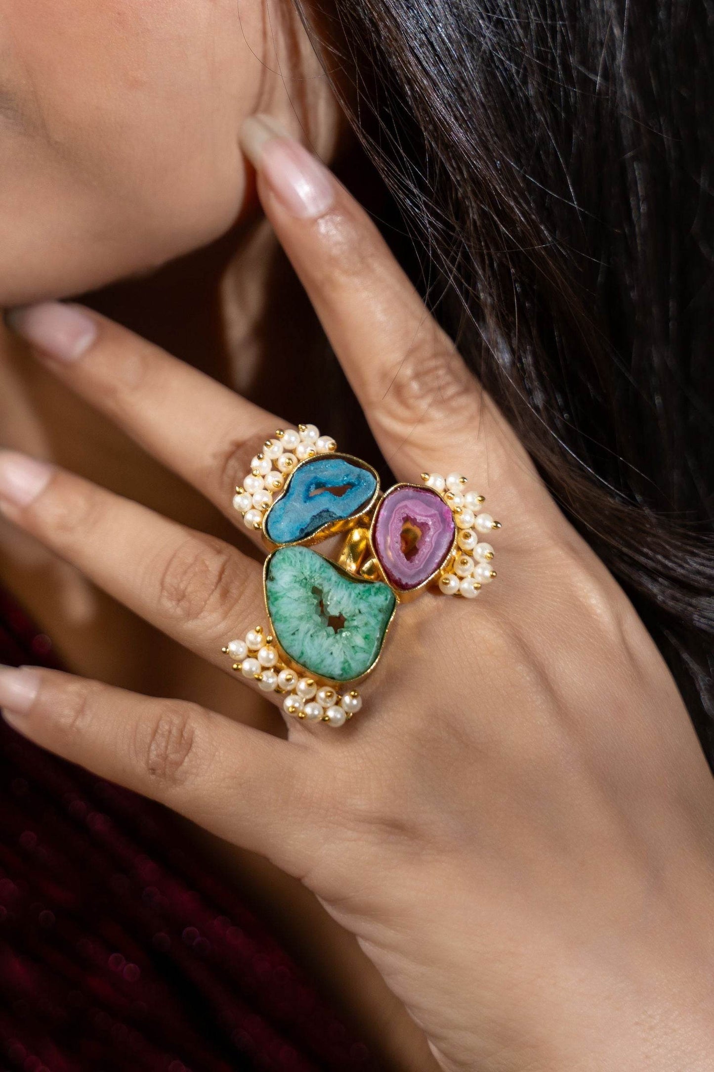 Semi Precious Green Teal Pink Geode Agate Brass Finger Ring - Unique Natural Stone Jewelry - Lookandadorn.com
