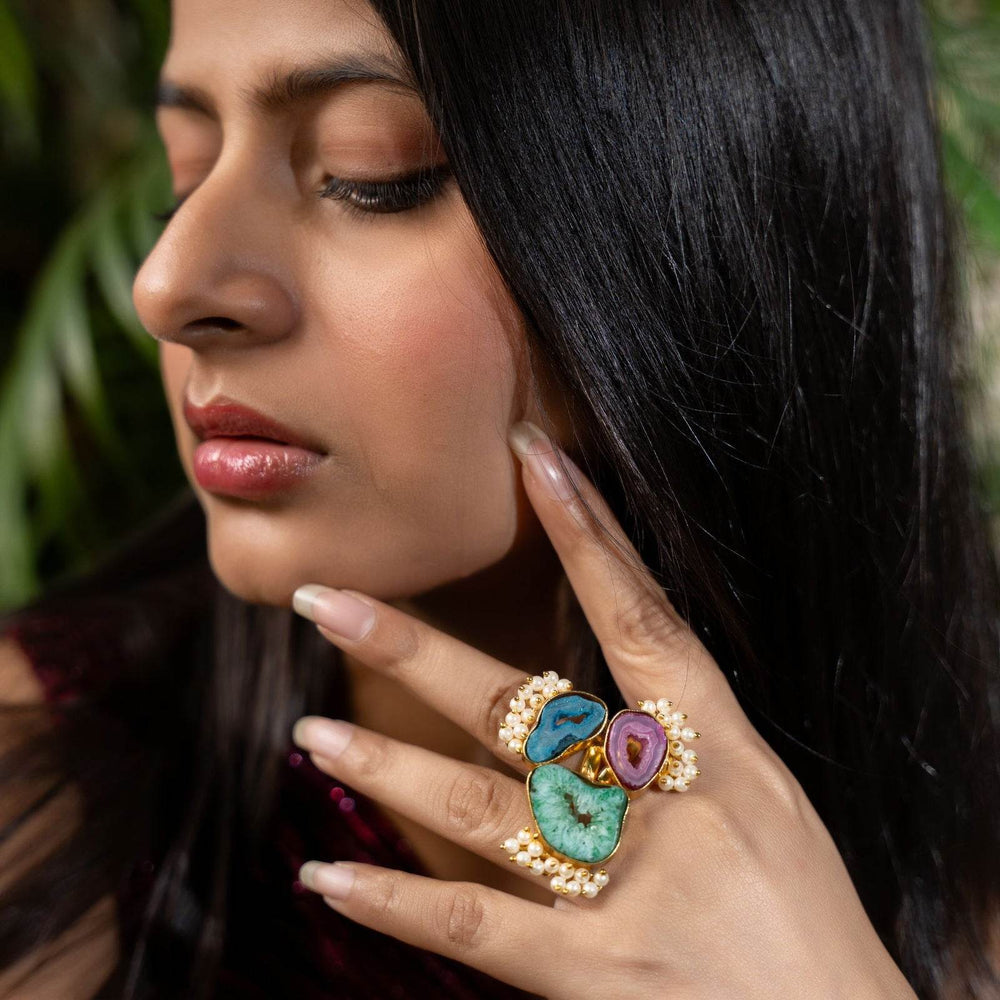 Semi Precious Green Teal Pink Geode Agate Brass Finger Ring - Unique Natural Stone Jewelry - Lookandadorn.com