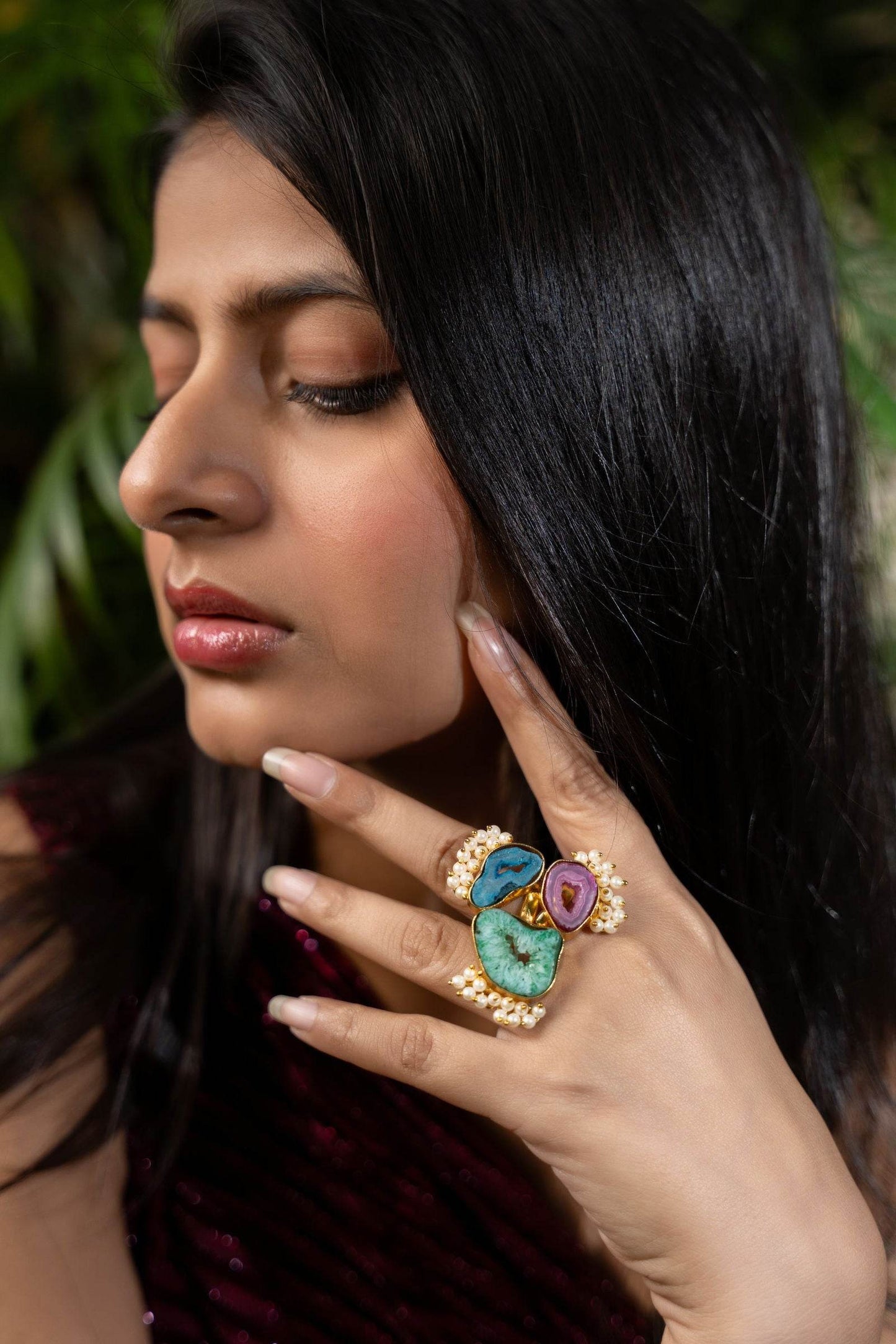 Semi Precious Green Teal Pink Geode Agate Brass Finger Ring - Unique Natural Stone Jewelry - Lookandadorn.com