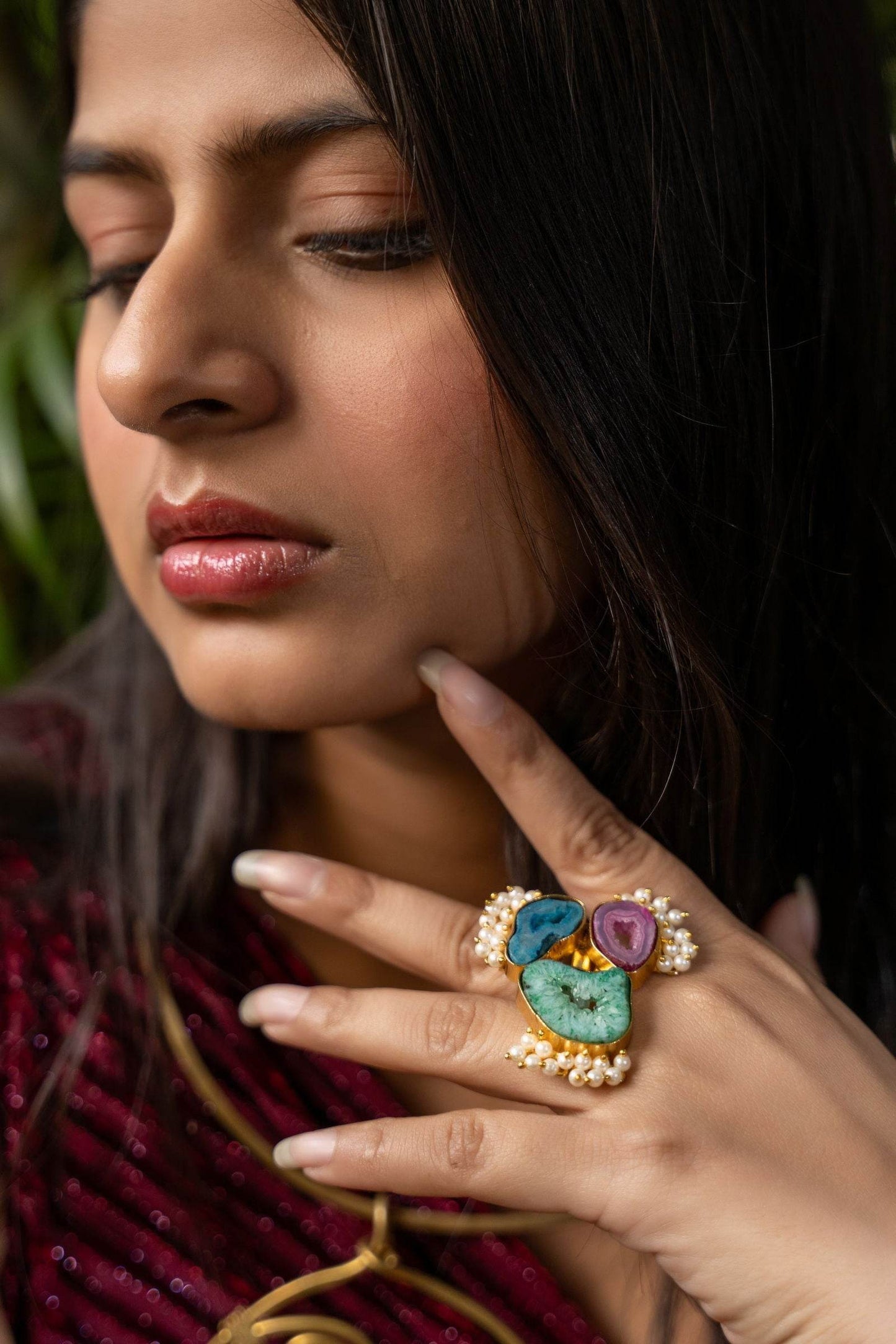 Semi Precious Green Teal Pink Geode Agate Brass Finger Ring - Unique Natural Stone Jewelry - Lookandadorn.com