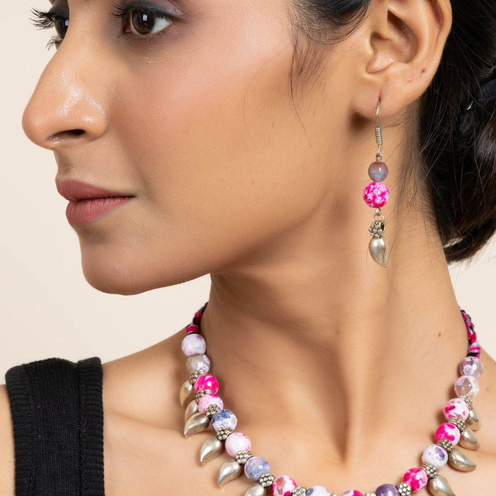 Handmade Semi Precious Pink Purple Onyx Necklace with Mango Charm & Matching Earrings Set for Women - Lookandadorn.com