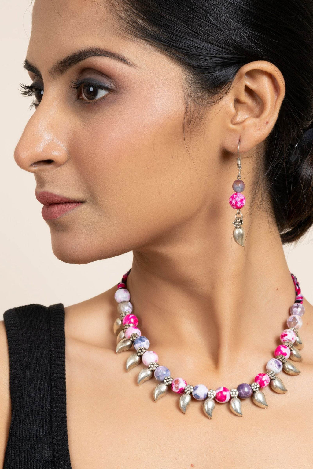Handmade Semi Precious Pink Purple Onyx Necklace with Mango Charm & Matching Earrings Set for Women - Lookandadorn.com