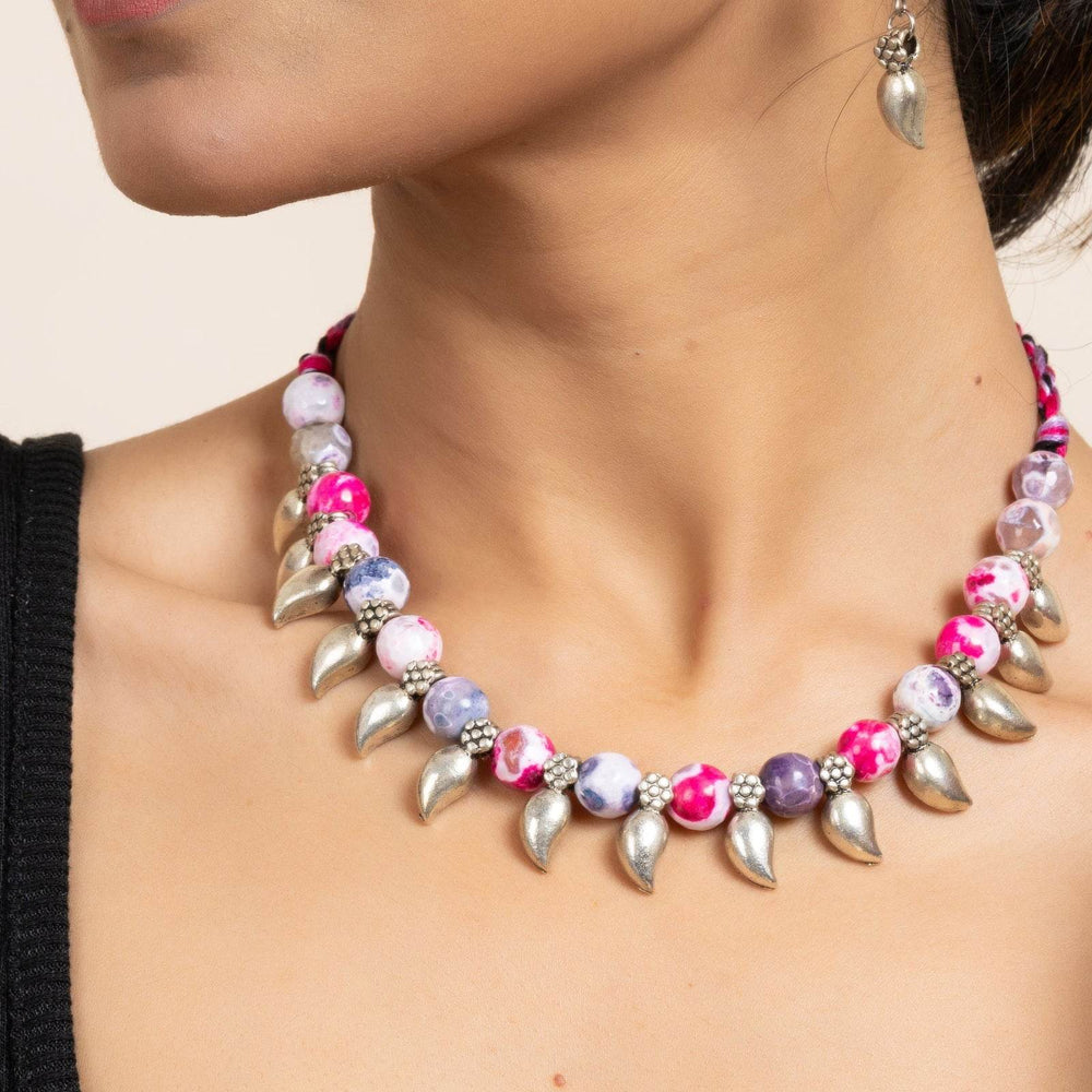 Handmade Semi Precious Pink Purple Onyx Necklace with Mango Charm & Matching Earrings Set for Women - Lookandadorn.com