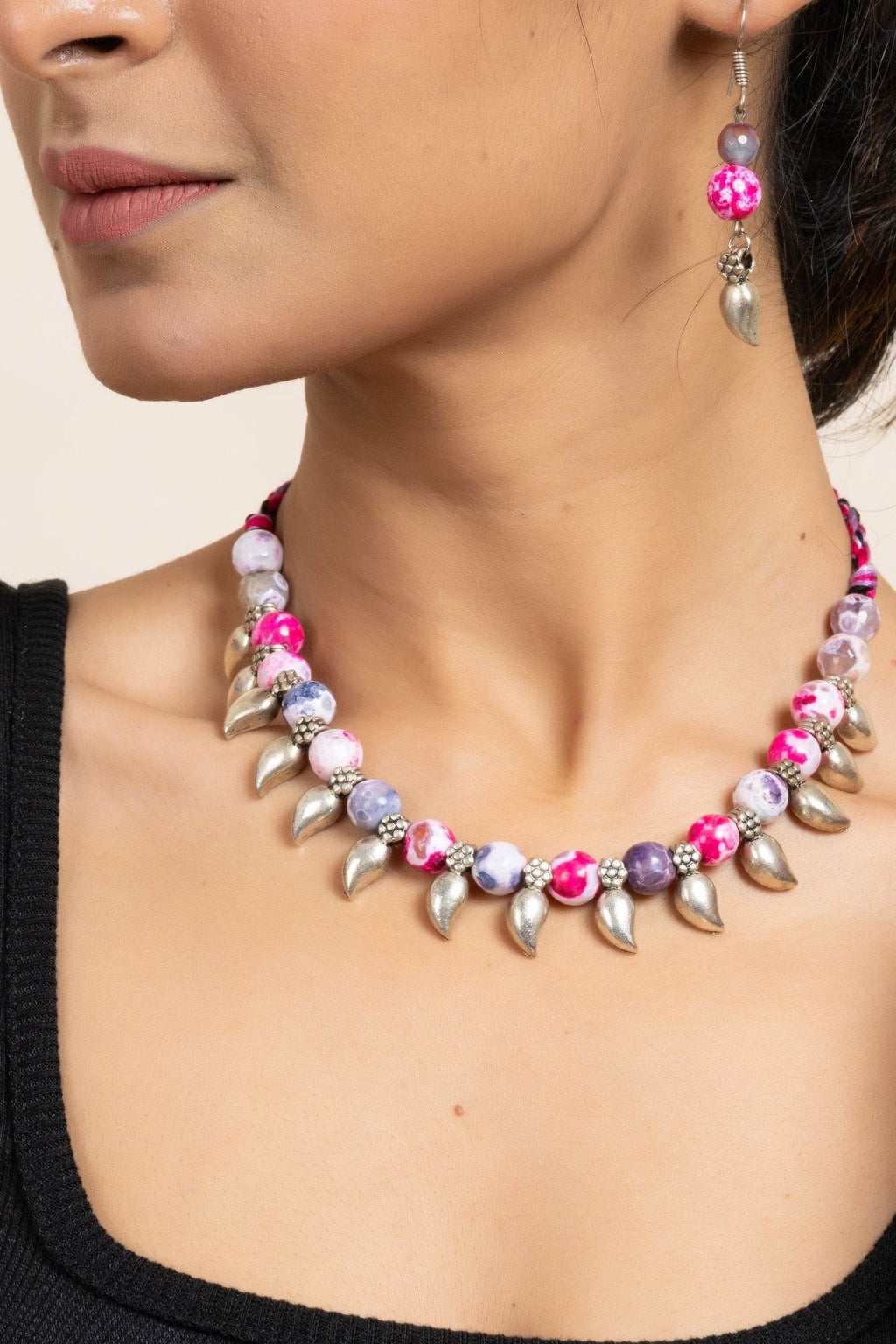 Handmade Semi Precious Pink Purple Onyx Necklace with Mango Charm & Matching Earrings Set for Women - Lookandadorn.com