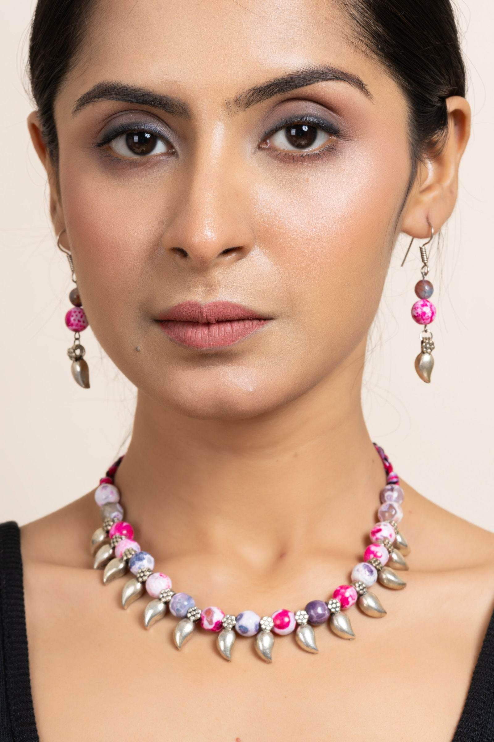 Handmade Semi Precious Pink Purple Onyx Necklace with Mango Charm & Matching Earrings Set for Women - Lookandadorn.com