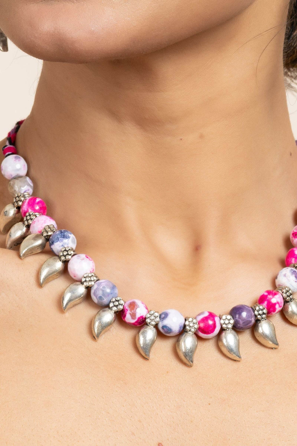 Handmade Semi Precious Pink Purple Onyx Necklace with Mango Charm & Matching Earrings Set for Women - Lookandadorn.com